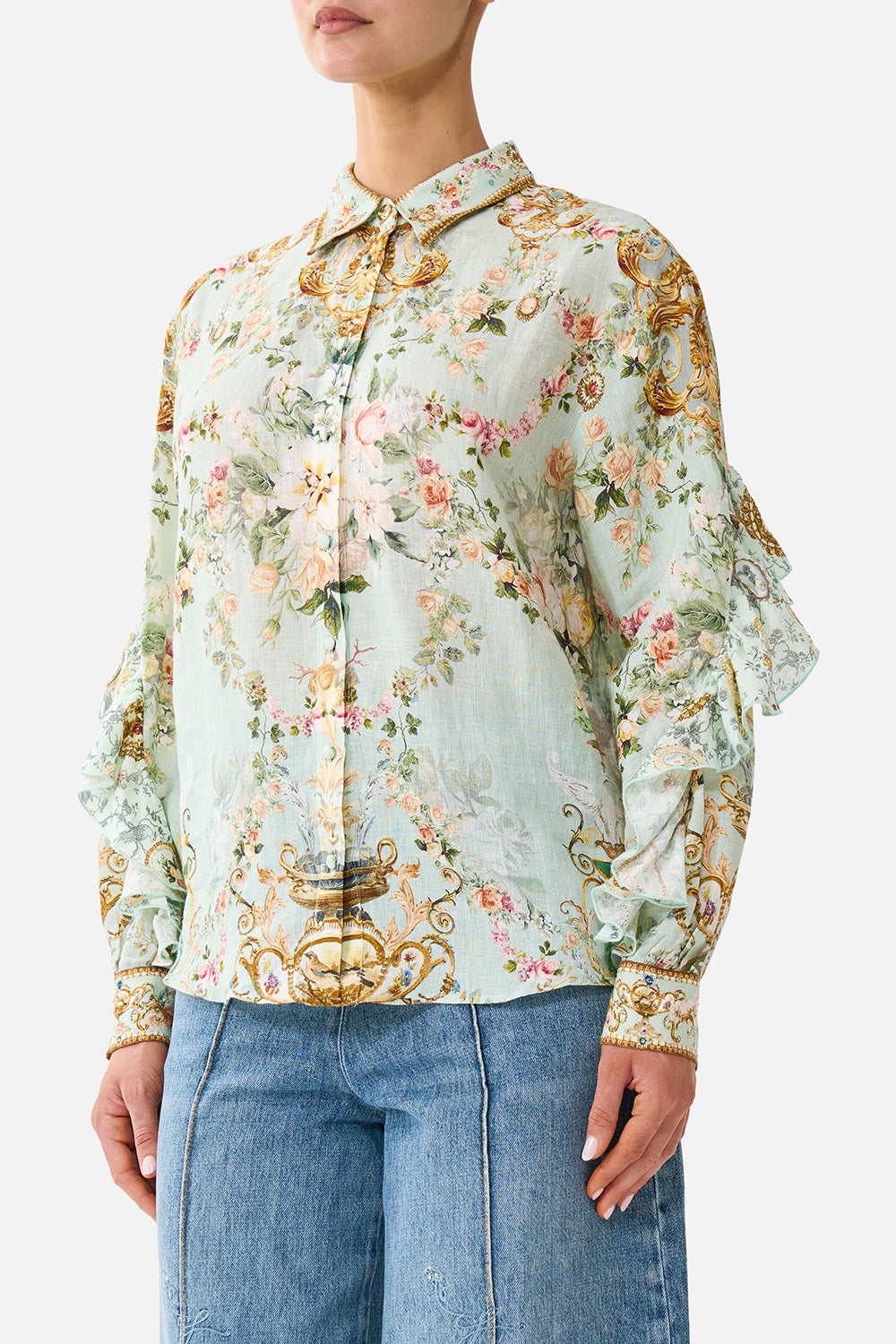 The CAMILLA BUTTON SHIRT WITH FRILL DETAIL WILDFLOWER WUNDERLAND