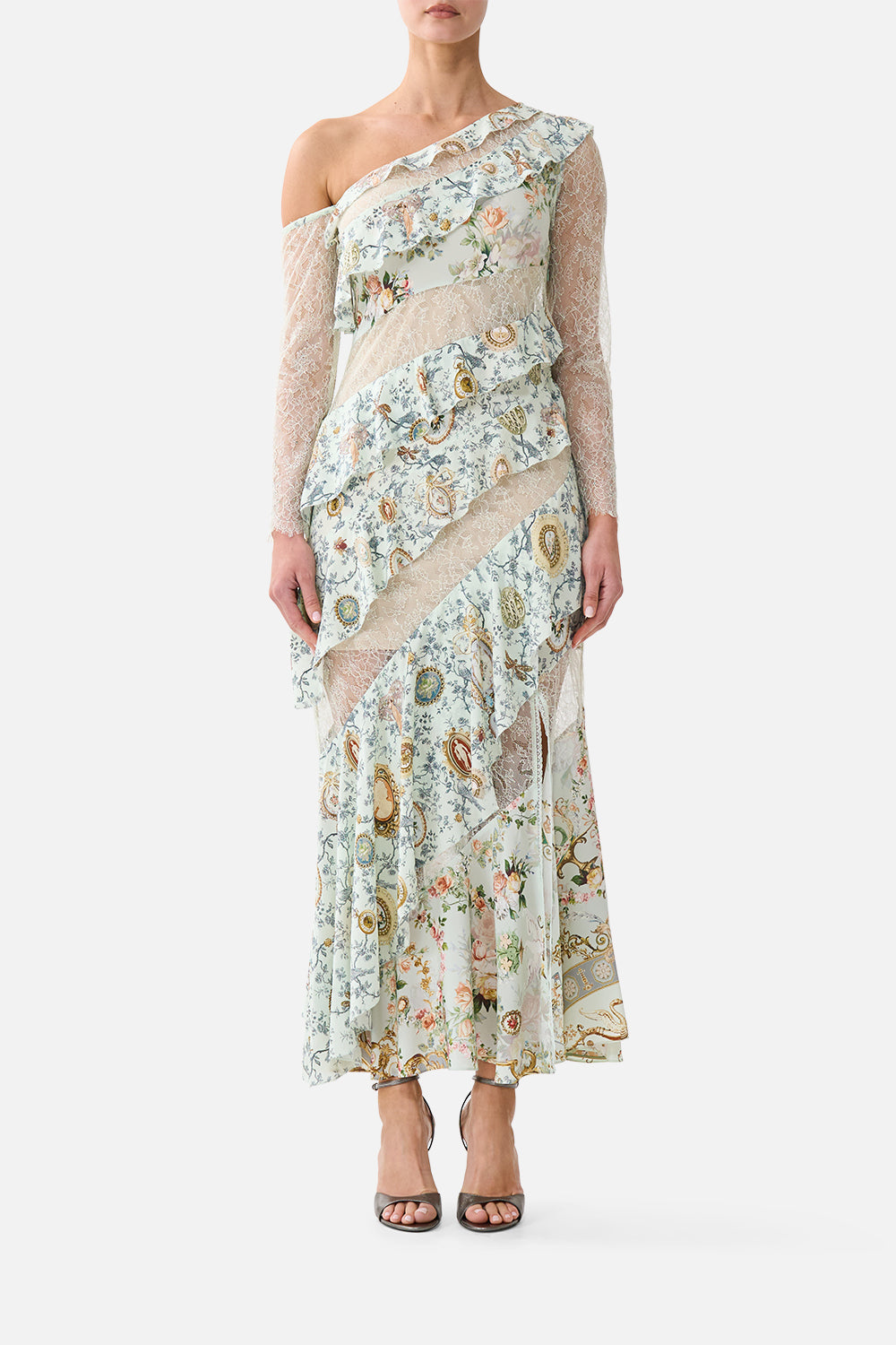 The CAMILLA Asymmetric Frill Panelled Dress Wildflower Wunderland in our Wildflower Wunderland print.