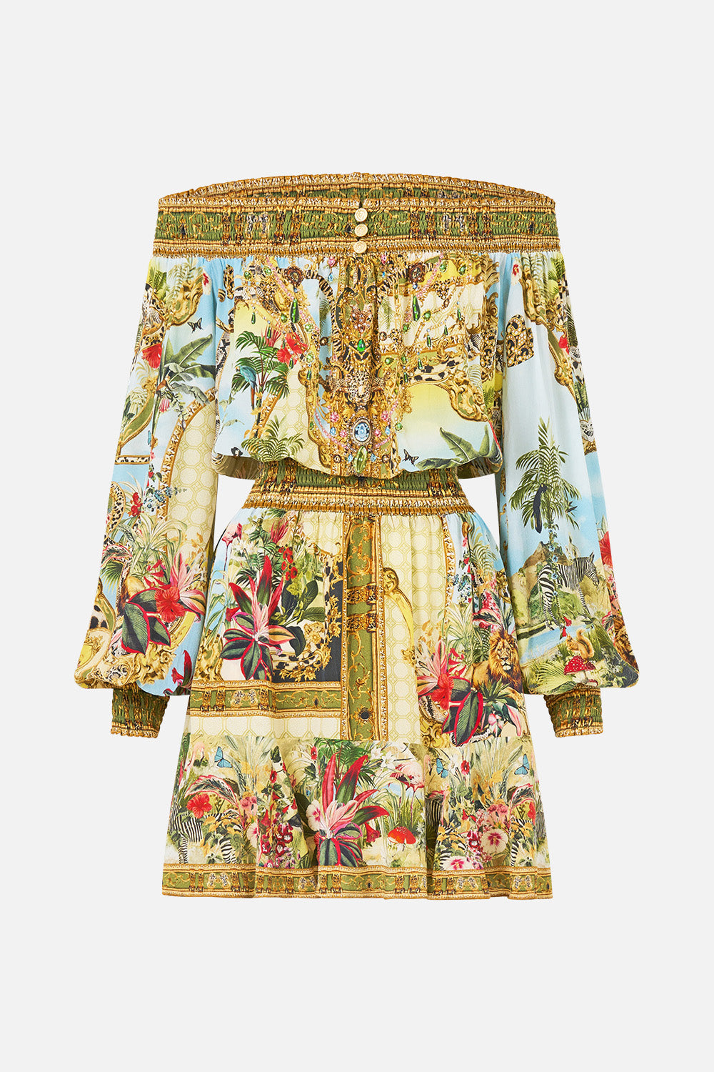 The CAMILLA Off Shoulder Short Dress Wanderlust Empire in our Wanderlust Empire print.