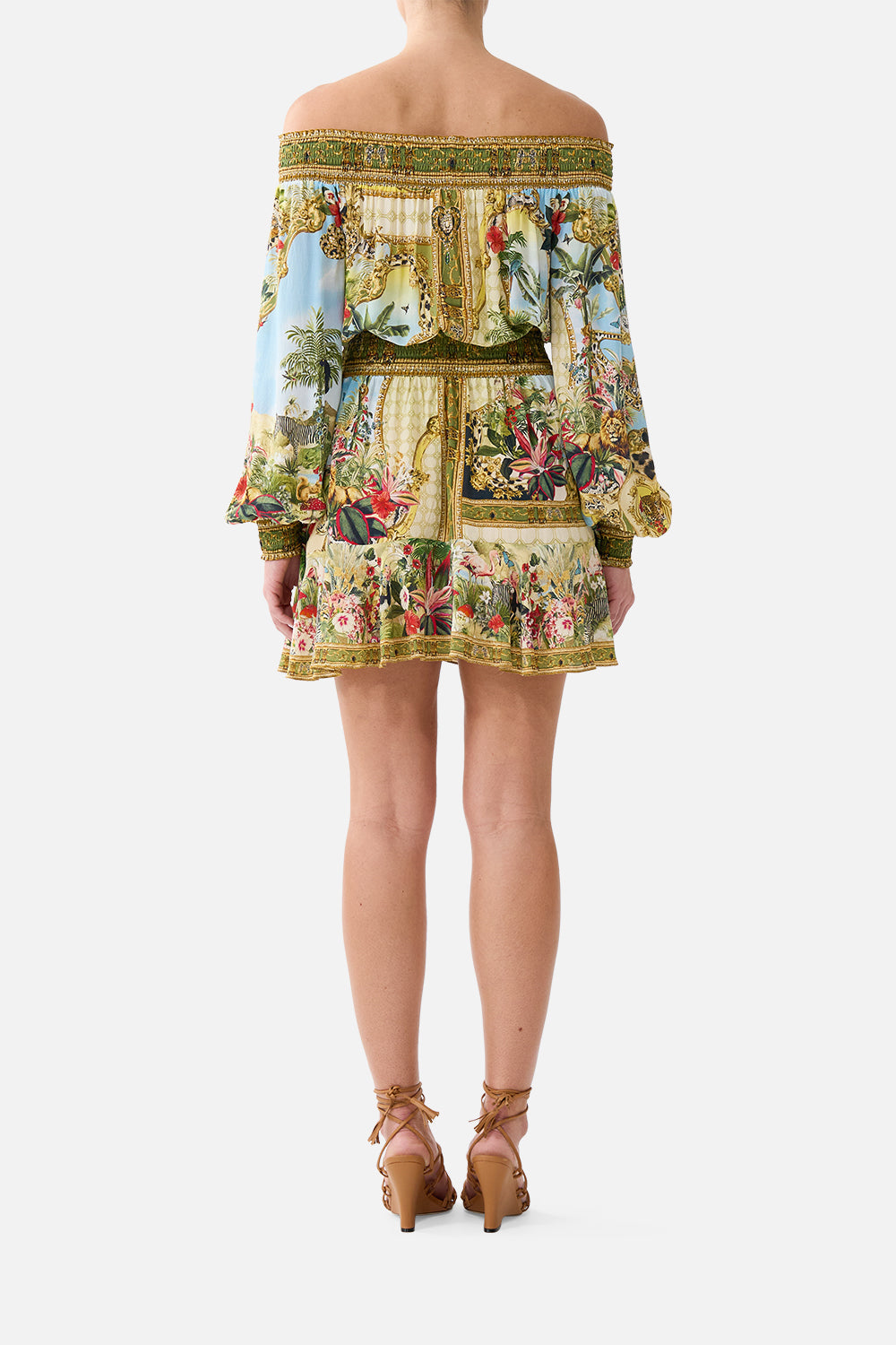 The CAMILLA Off Shoulder Short Dress in our Wanderlust Empire print, back view on model.
