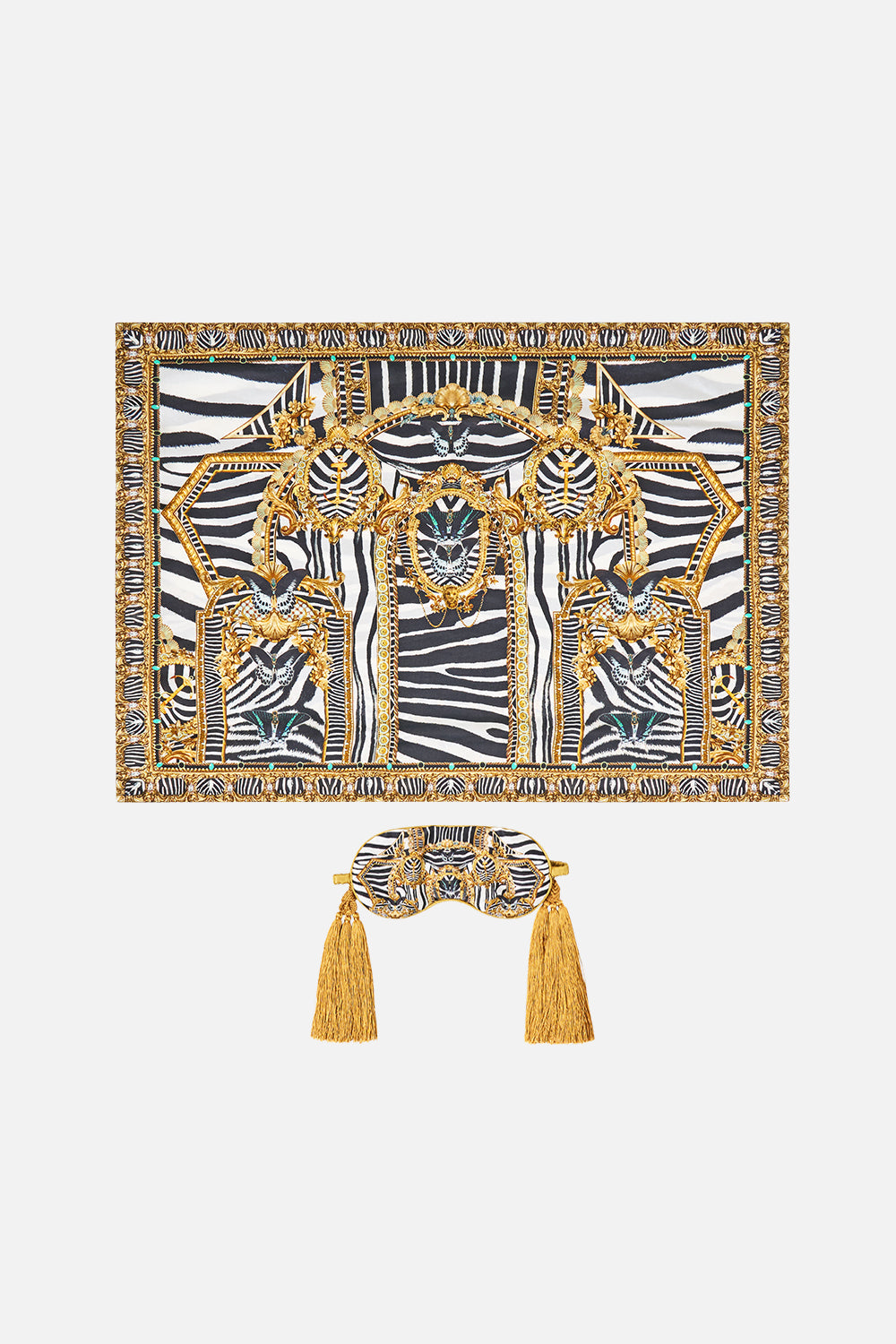 The CAMILLA Pillowcase And Eye Mask With Tassels Set in Print Zig Zag Zoo. Ghost View Front