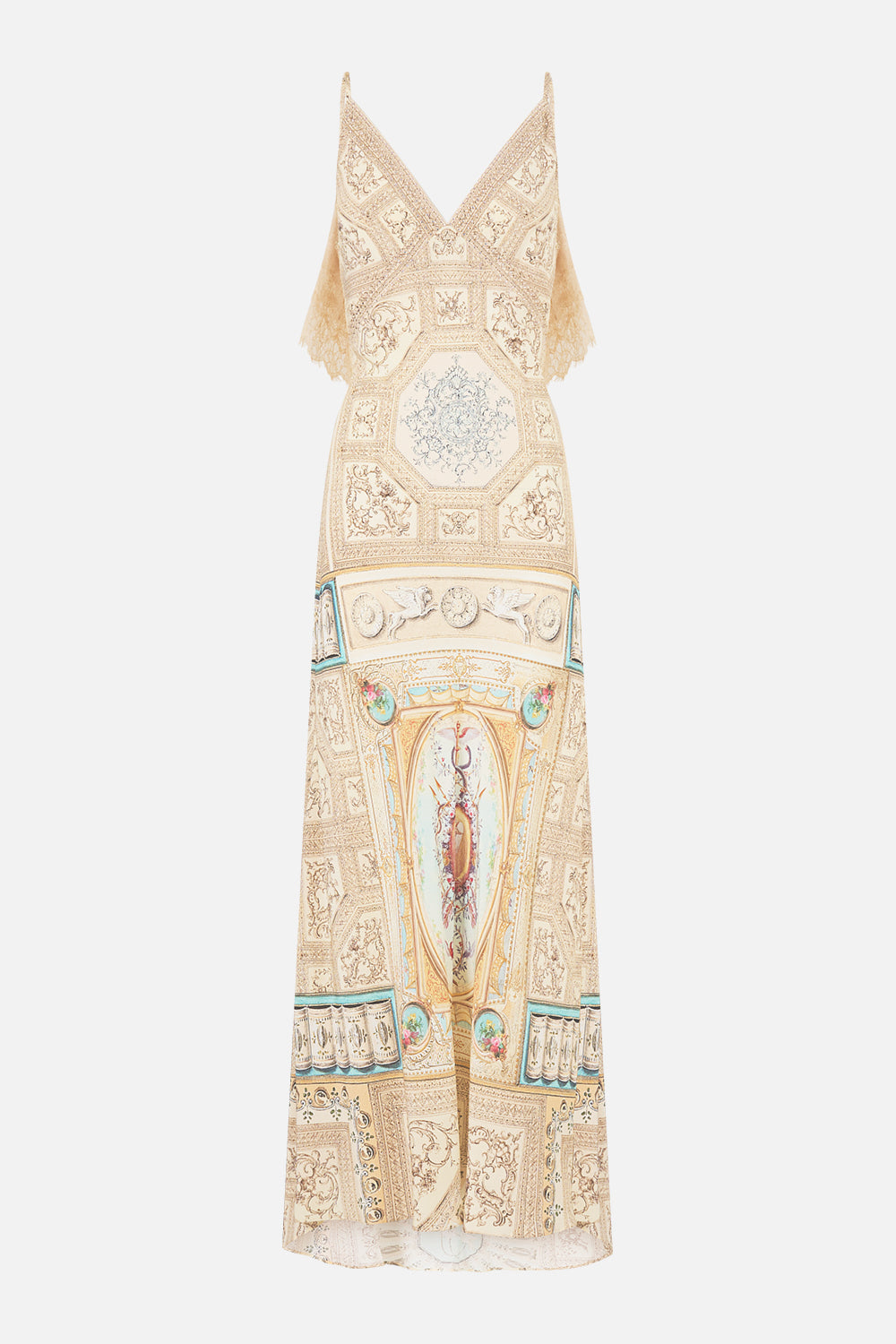ROBE LONGUE EN BIAIS À COL V ET VOLANTS DOS AIMÉ PAR LES FEMMES CHIC