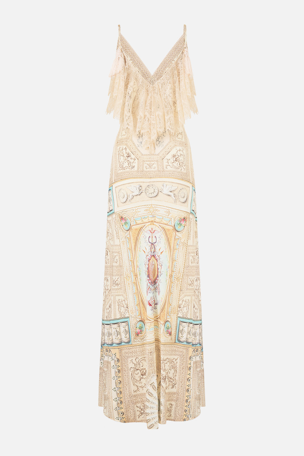 ROBE LONGUE EN BIAIS À COL V ET VOLANTS DOS AIMÉ PAR LES FEMMES CHIC