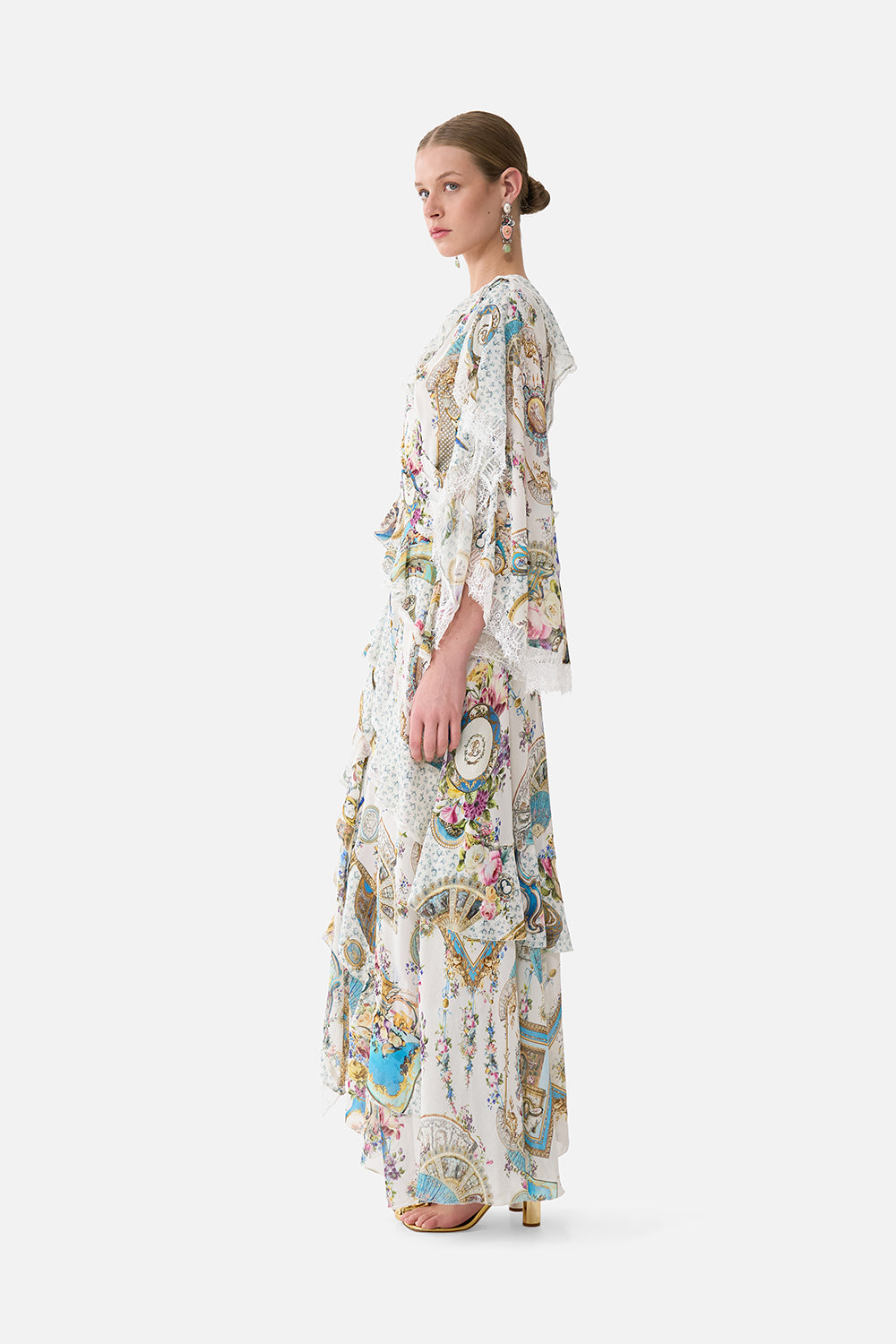 The CAMILLA Asymmetric Spliced Ruffle Dress in our Art For The Artisans print.