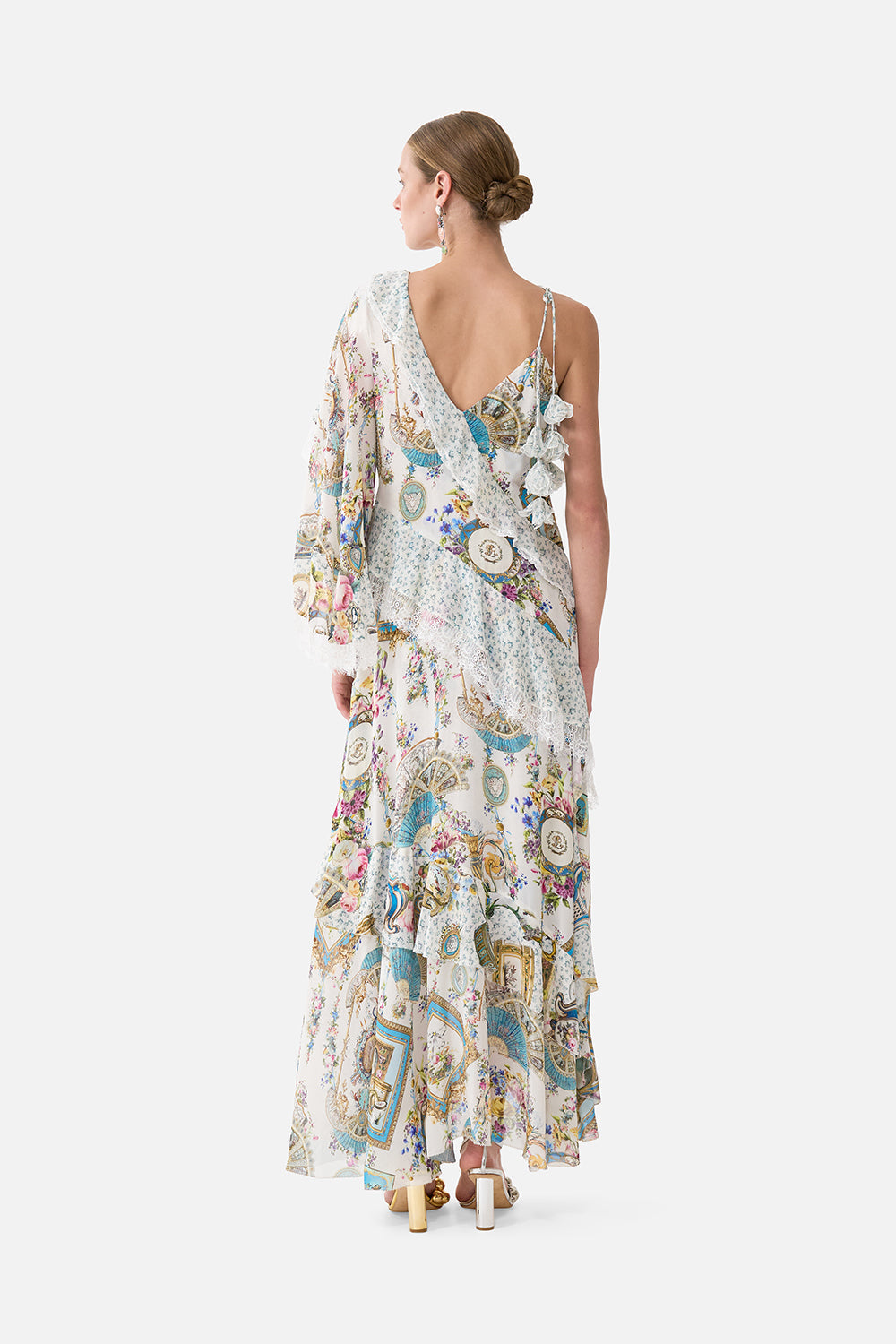 The CAMILLA Asymmetric Spliced Ruffle Dress in our Art For The Artisans print.