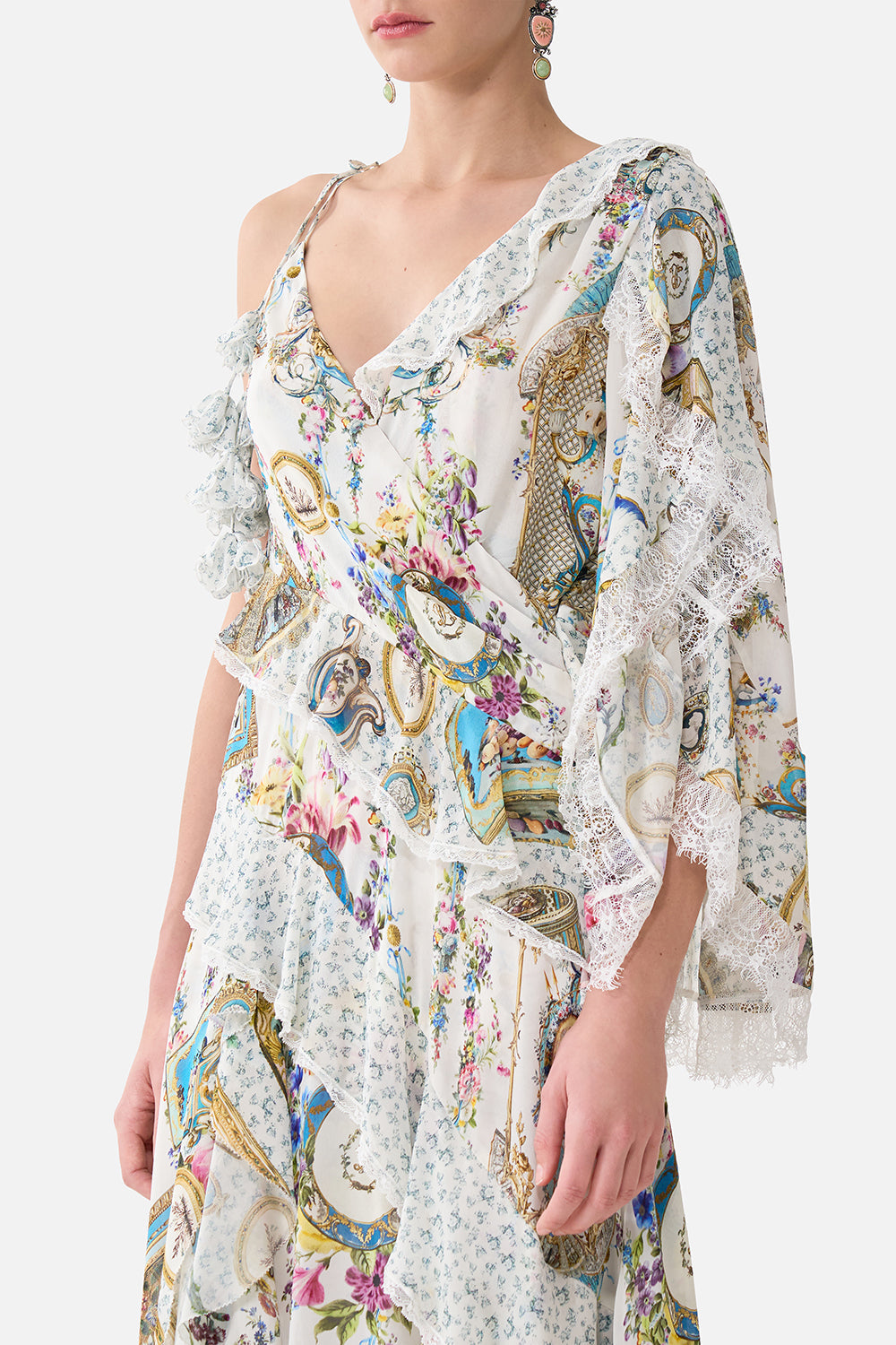 The CAMILLA Asymmetric Spliced Ruffle Dress in our Art For The Artisans print.