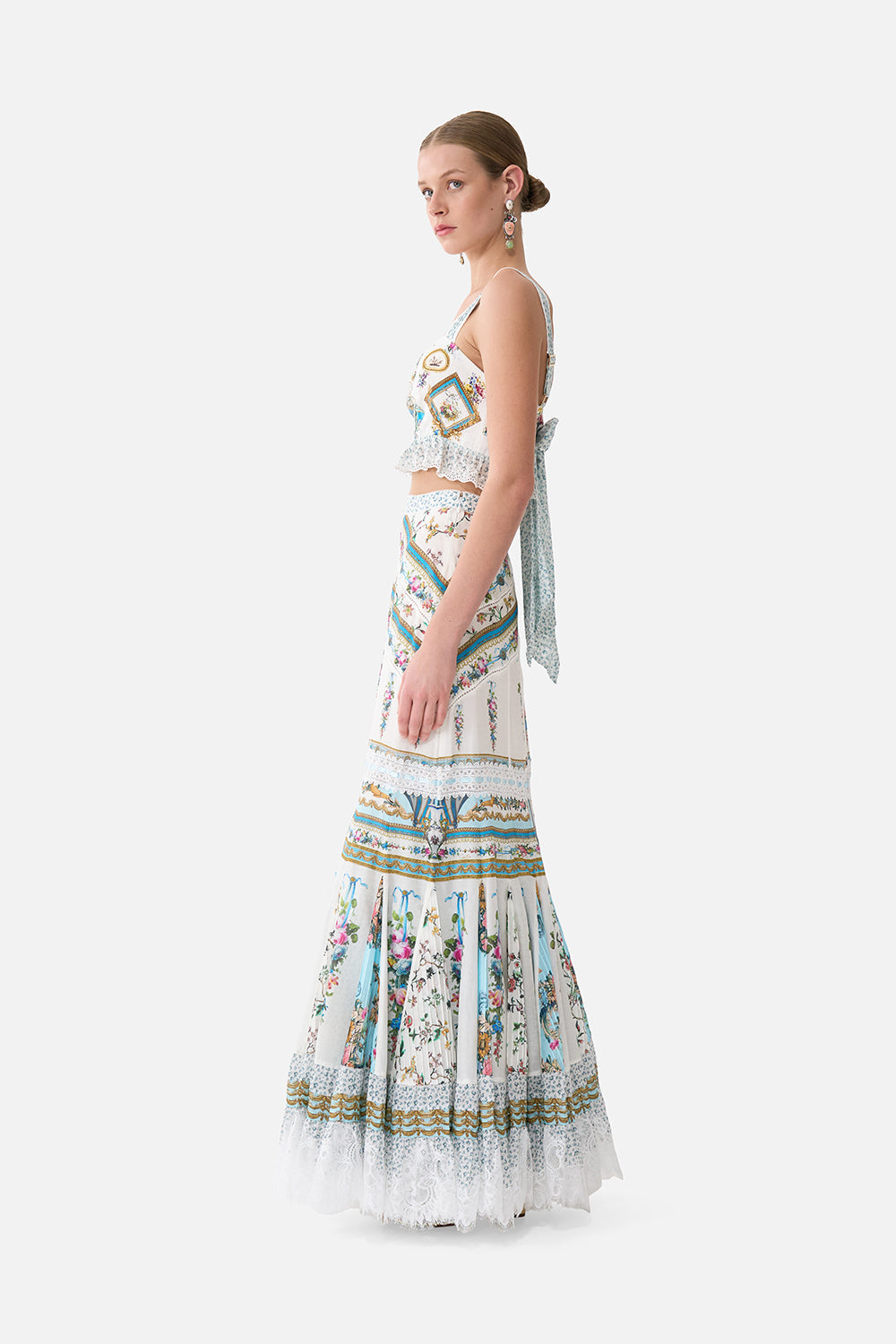 The CAMILLA SQUARE NECK SHORT DRESS WITH PINTUCKS DANDELION SKIES in our  print.