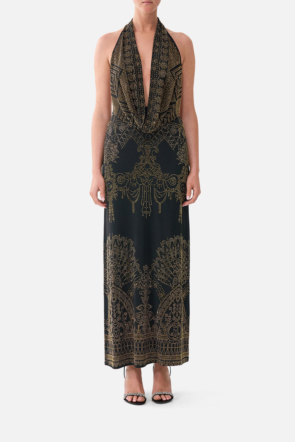 The CAMILLA Deep Cowl Plunge Dress in our The Secession Sessions print, front view on model.