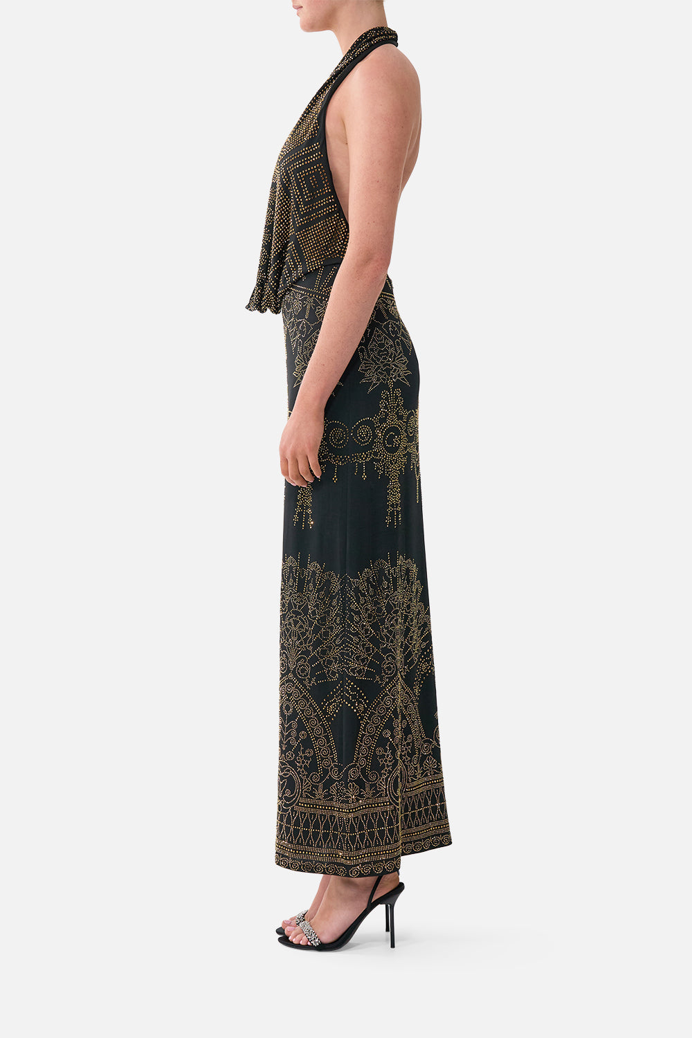 The CAMILLA Deep Cowl Plunge Dress in our The Secession Sessions print, side view on model.