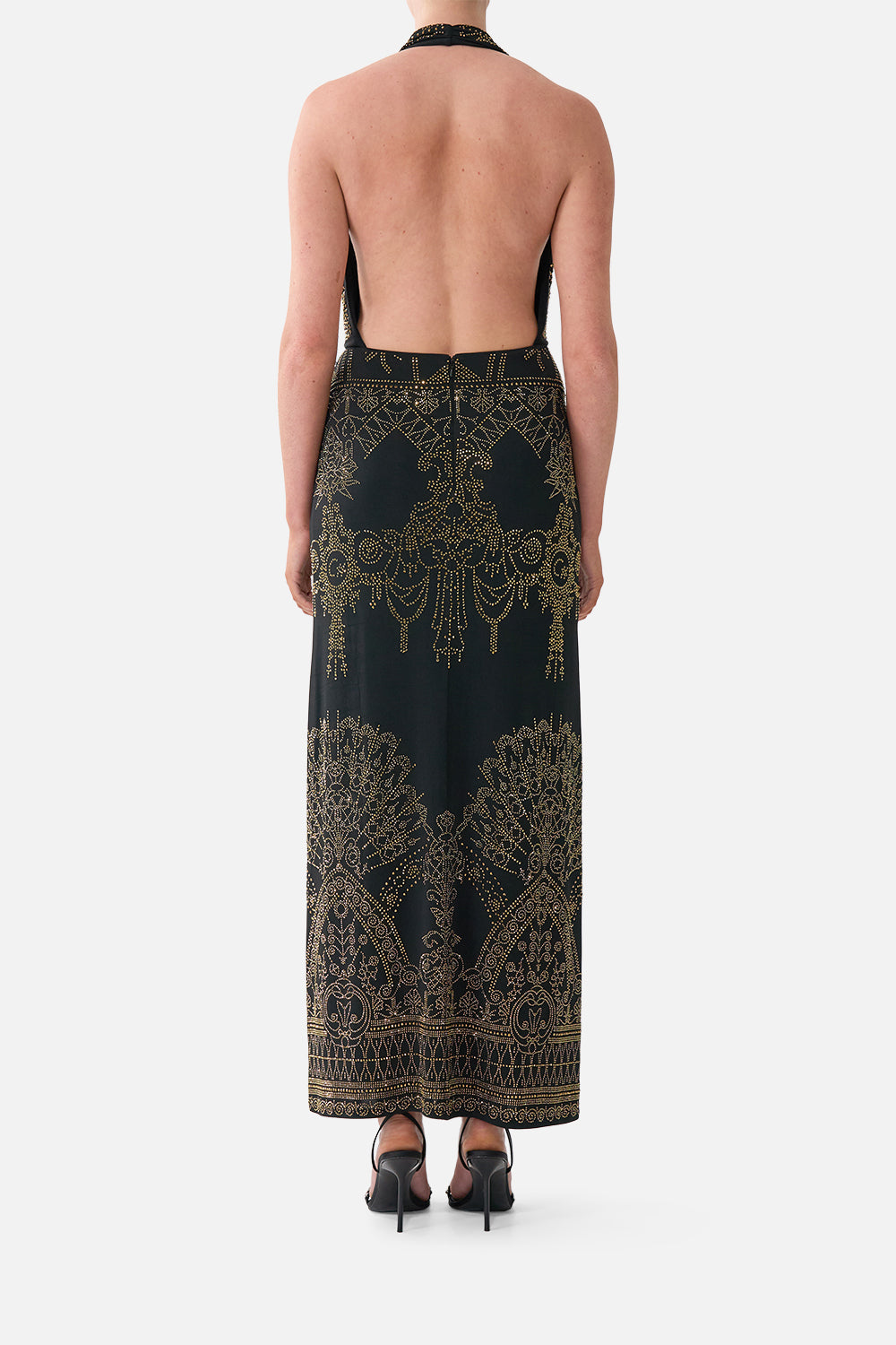 The CAMILLA Deep Cowl Plunge Dress in our The Secession Sessions print, back view on model.