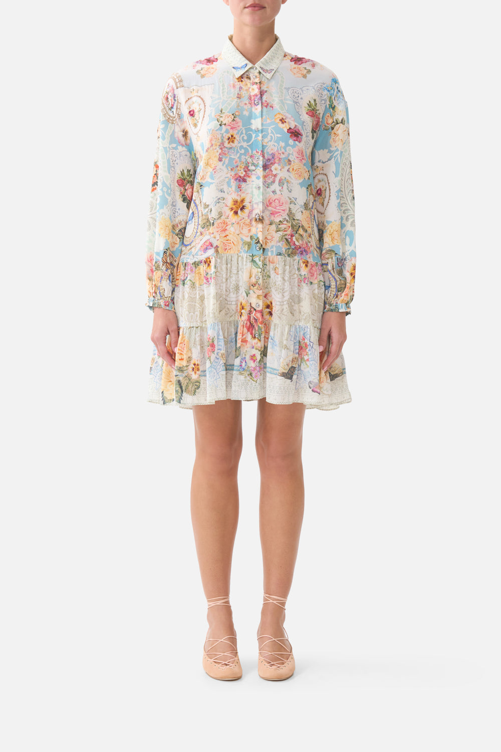 The CAMILLA NECKTIE DRESS WITH ELASTICATED WAIST CHAMBER OF BLOOMS in our CHAMBER OF BLOOMS print.