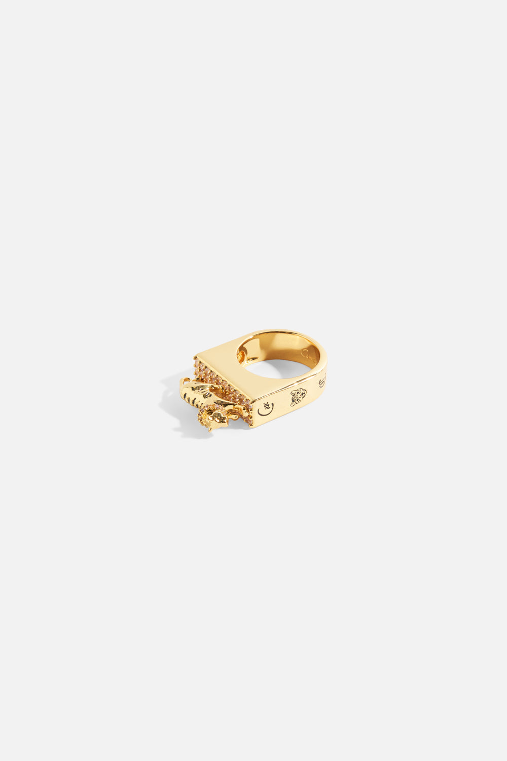 The CAMILLA Gilded Realms Leopard Signet Ring in our Gold print, front view.