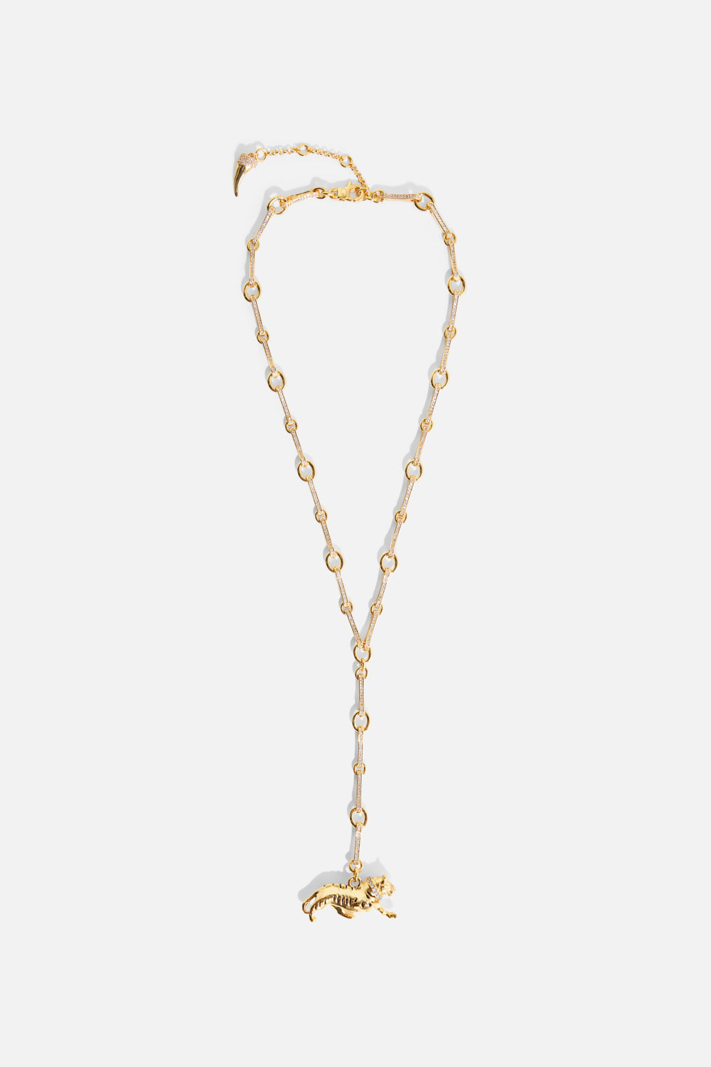 The CAMILLA Gilded Realms Leopard Necklace in our Gold print, front view.