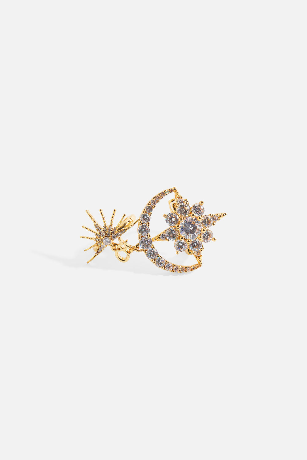 The CAMILLA Empress of Light Double Star Crystal Ring in our Gold print, back view.