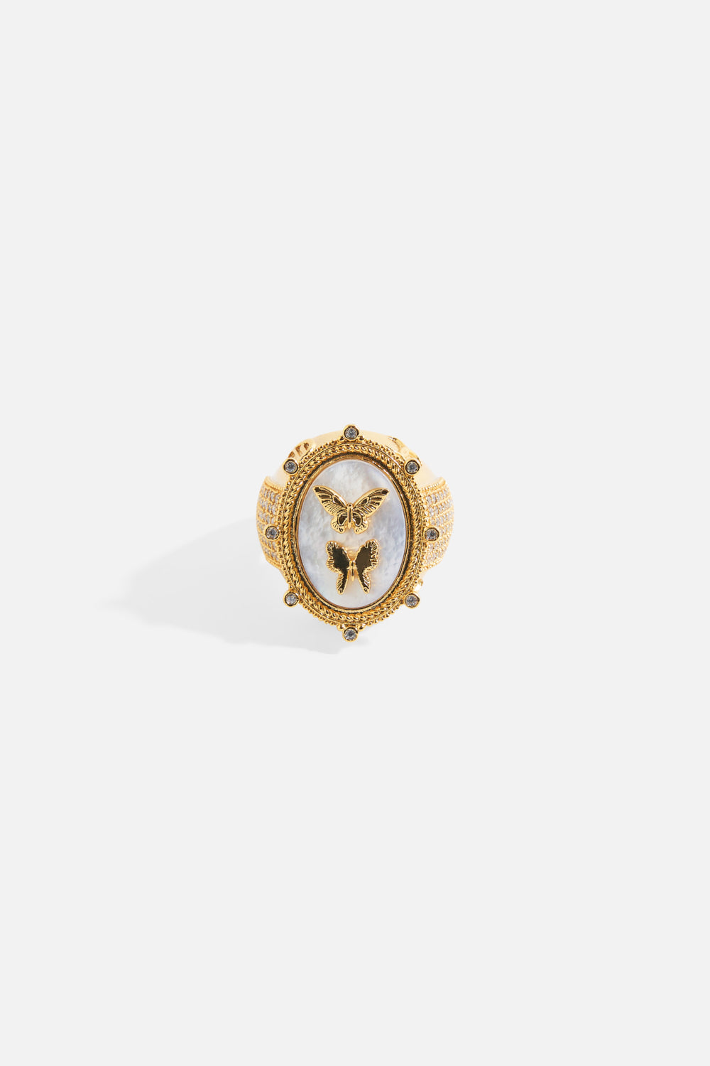 The CAMILLA Empress of Light Butterfly Cameo Ring in our Gold print, front view.