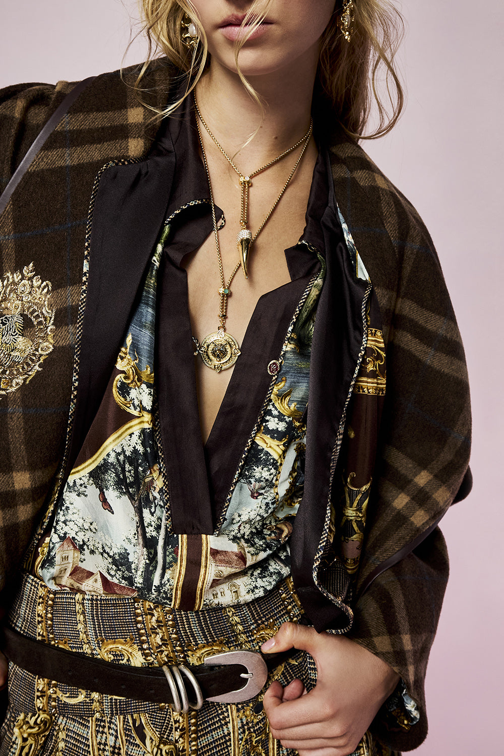 The CAMILLA Imperial Idol Jaggi Pendant Necklace in our Gold print, front view on model.