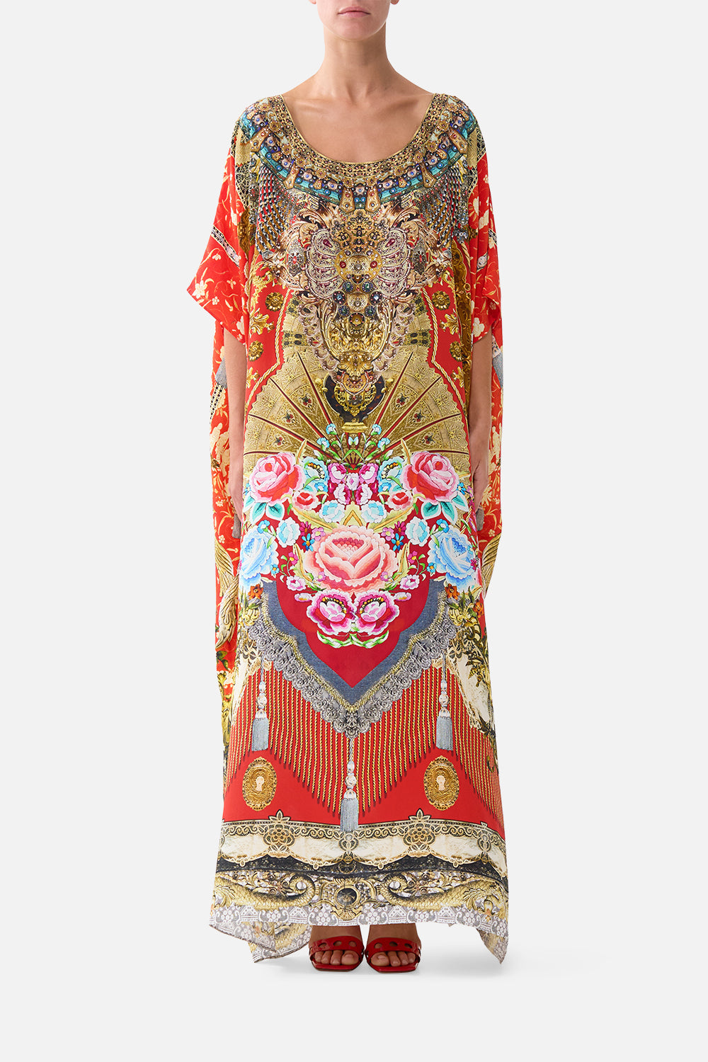 The CAMILLA BIAS SLIP DRESS WITH FRILL HEM TAURUS RISING in our TAURUS RISING print.