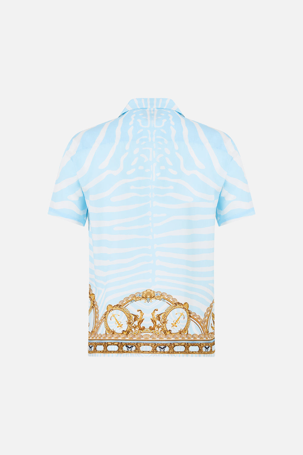 The CAMILLA Short Sleeve Camp Collared Shirt in Print Spirit of Stripes. Ghost View Back