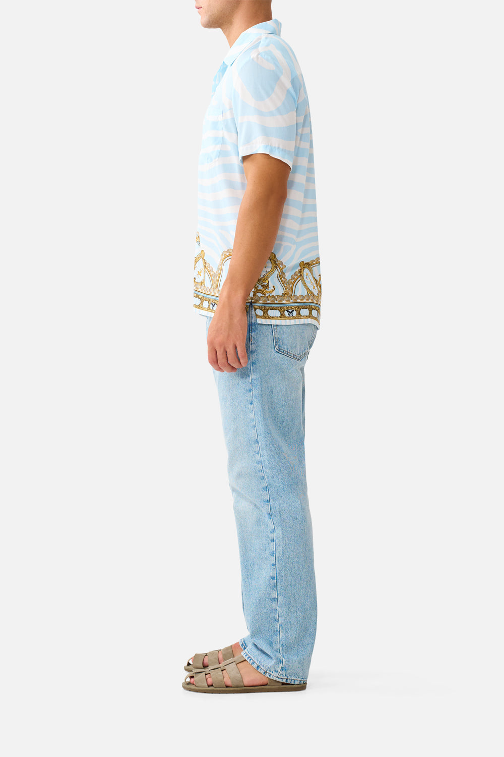 The CAMILLA Short Sleeve Camp Collared Shirt in Print Spirit of Stripes. Model View