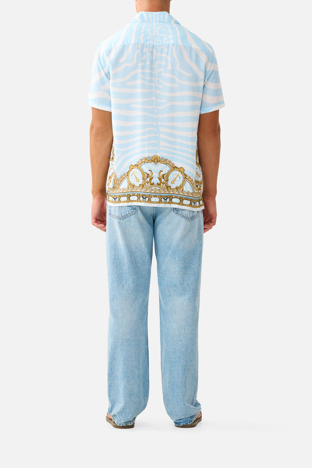 The CAMILLA Short Sleeve Camp Collared Shirt in our Spirit of Stripes print, back view on model.