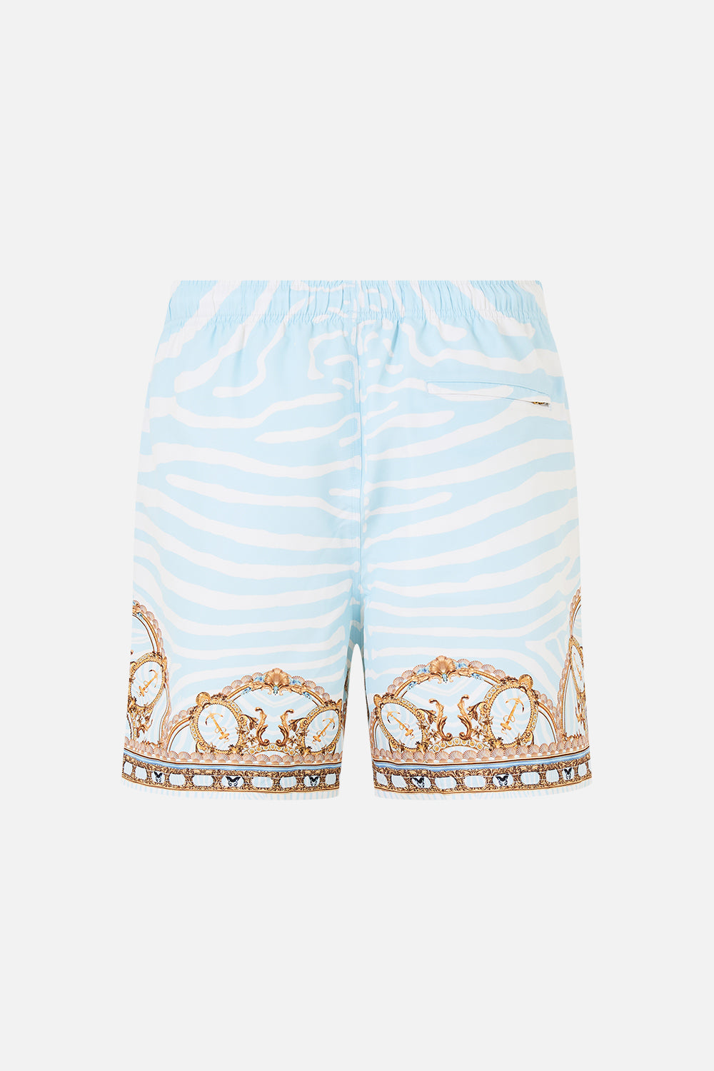 The CAMILLA Mid Length Boardshort with Elastic Waist in our Spirit of Stripes print, back view.