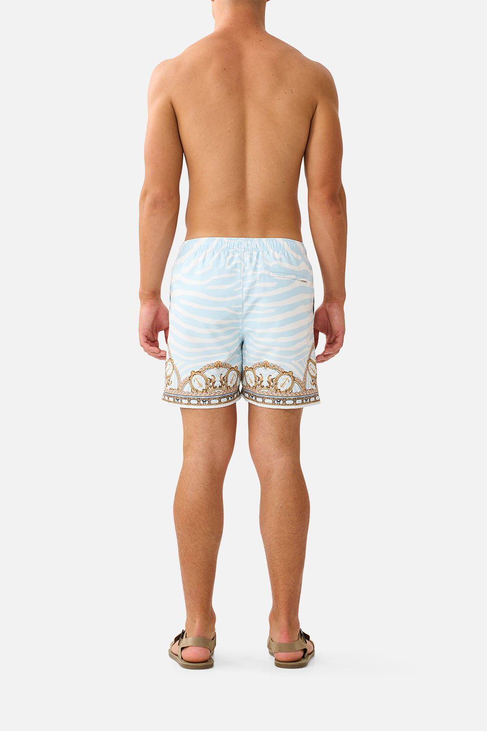 The CAMILLA Mid Length Boardshort with Elastic Waist in our Spirit of Stripes print, back view on model.