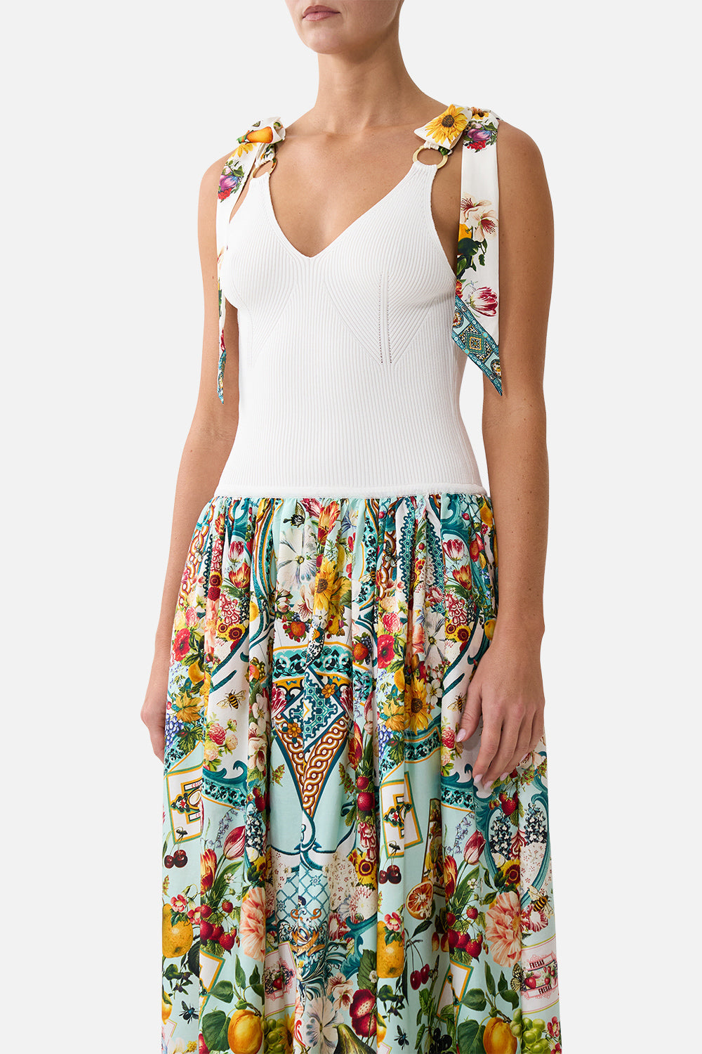 The CAMILLA COLLARED LONG SLEEVE TOP WITH RUFFLES A MEETING OF MASTERPIECES in our  print.