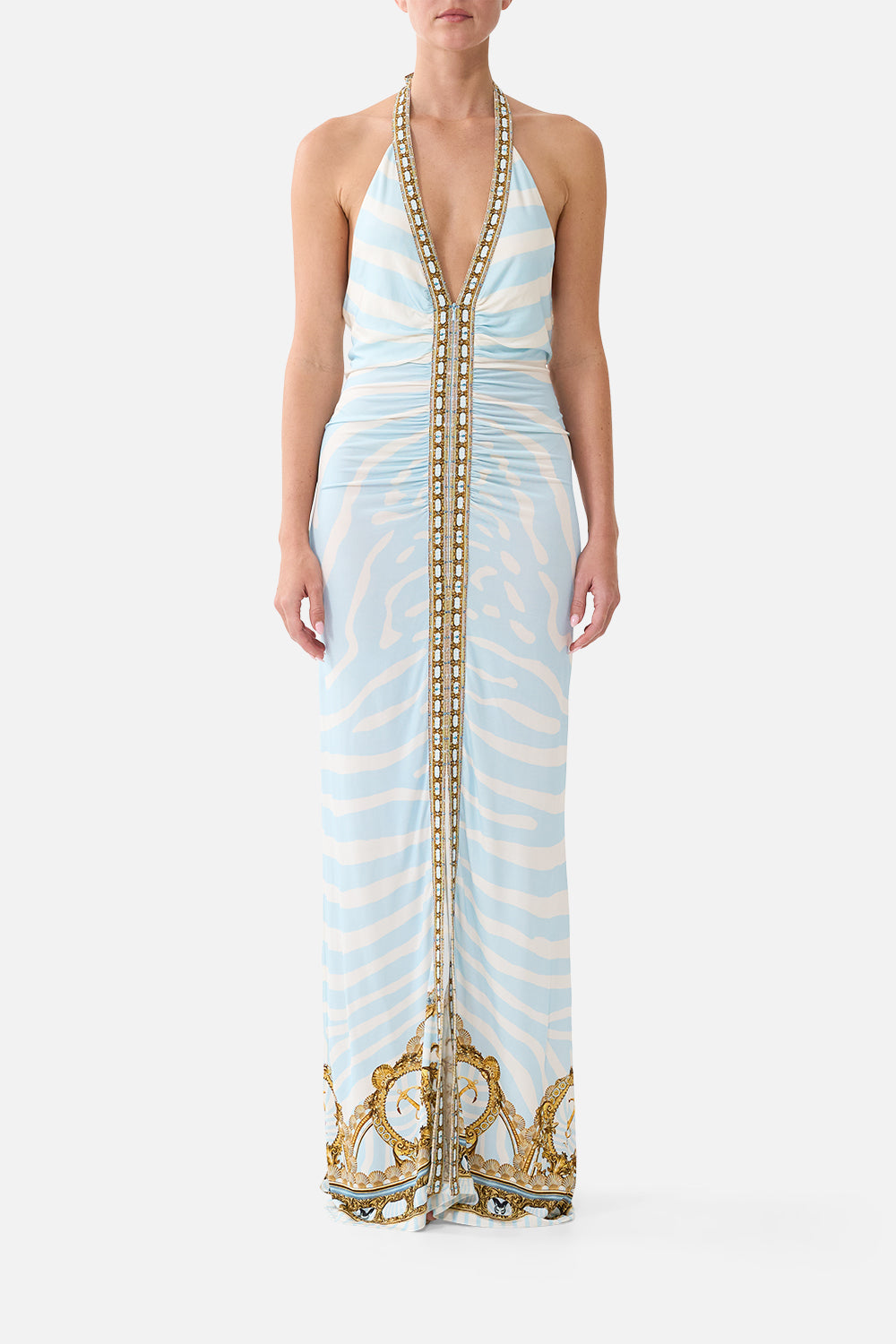The CAMILLA Ruched Front Halter Dress in our Spirit of Stripes print, front view on model.