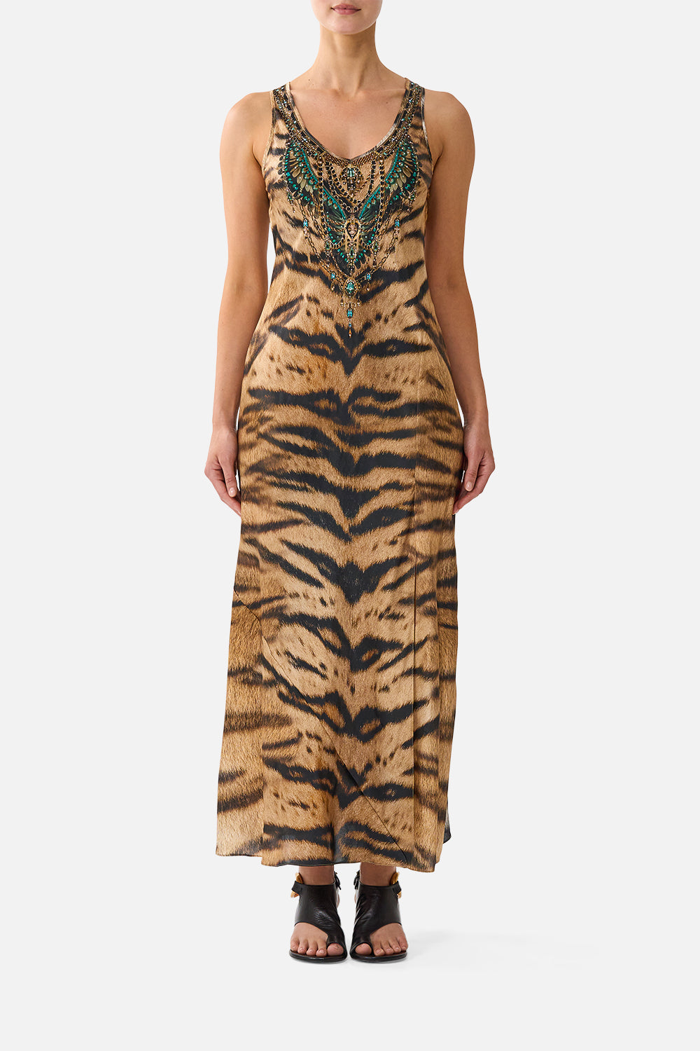 The CAMILLA Bias Cut Tank Dress in our A Wink to the Wild print, front view on model.