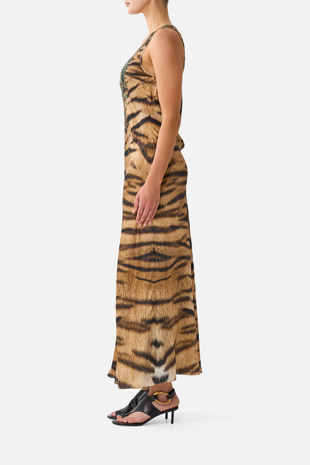 The CAMILLA Bias Cut Tank Dress in our A Wink to the Wild print, side view on model.