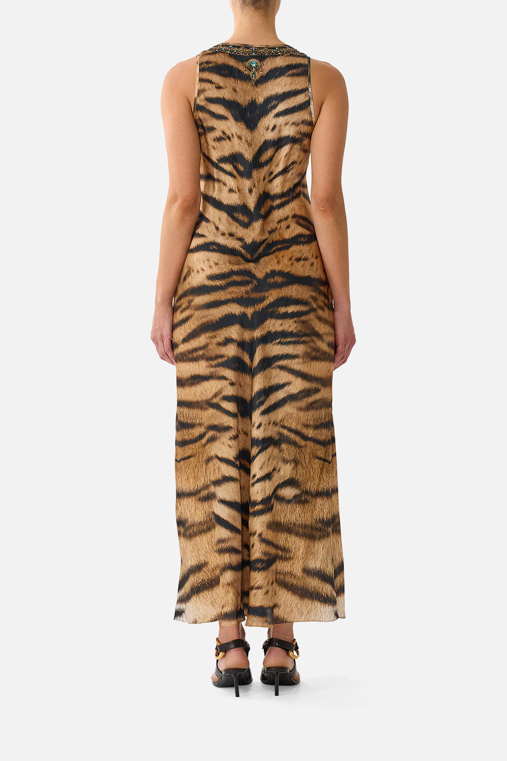 The CAMILLA Bias Cut Tank Dress in our A Wink to the Wild print, back view on model.