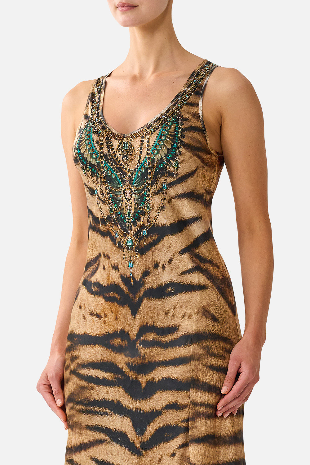The CAMILLA Bias Cut Tank Dress in our A Wink to the Wild print, detail view on model.