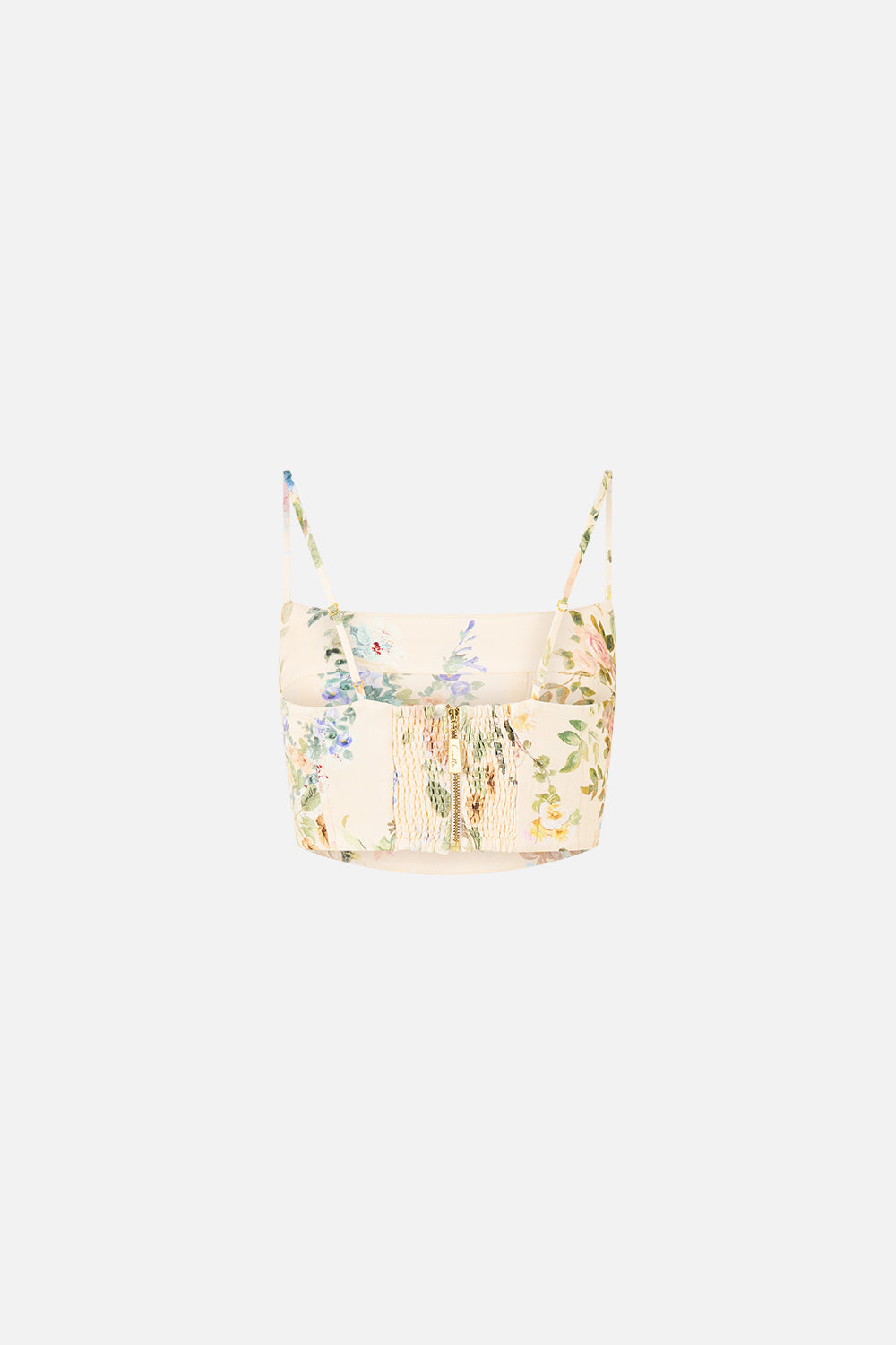 The CAMILLA Corset Crop Top Midsummer Masterpiece in our Midsummer Masterpiece print.