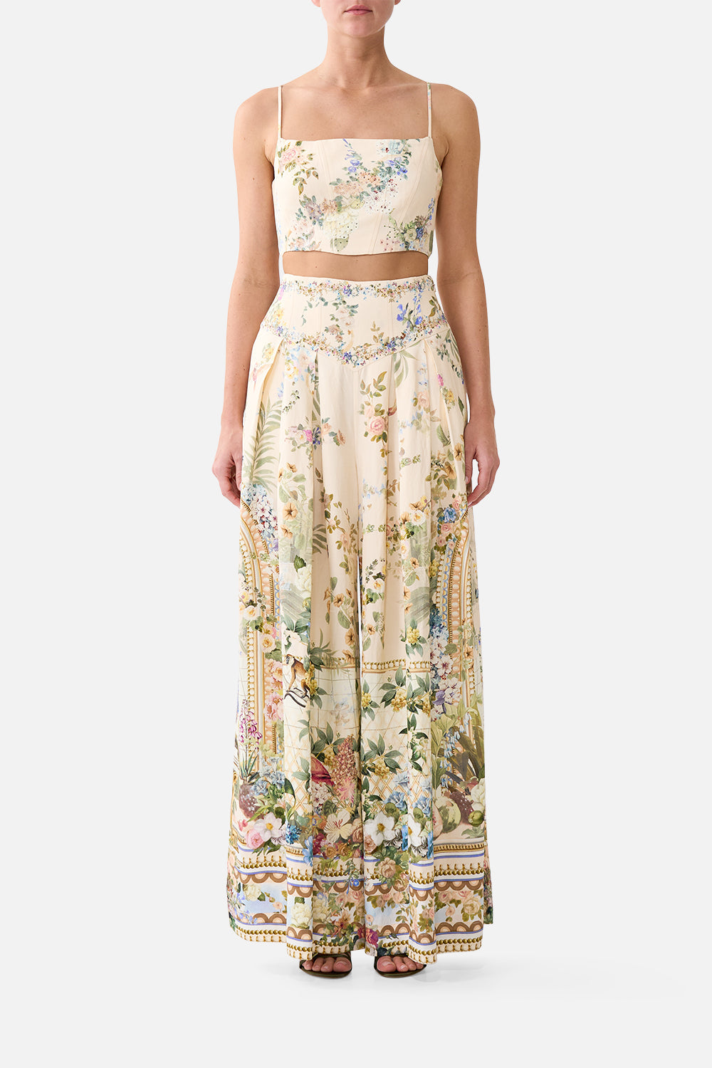 The CAMILLA Corset Crop Top Midsummer Masterpiece in our Midsummer Masterpiece print.