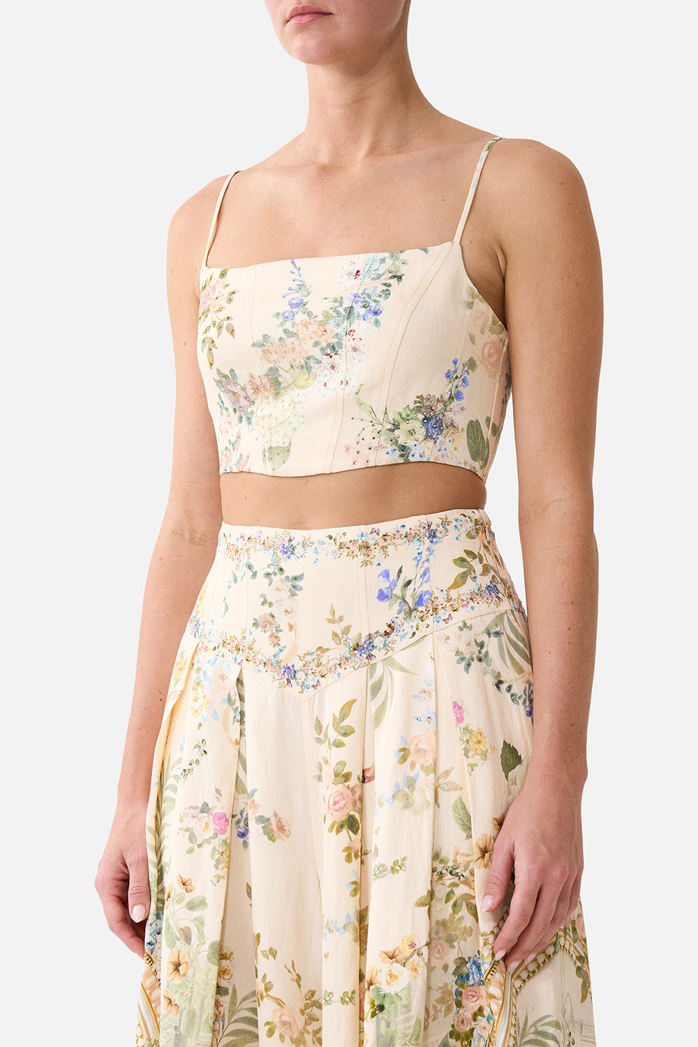 The CAMILLA Corset Crop Top Midsummer Masterpiece in our Midsummer Masterpiece print.