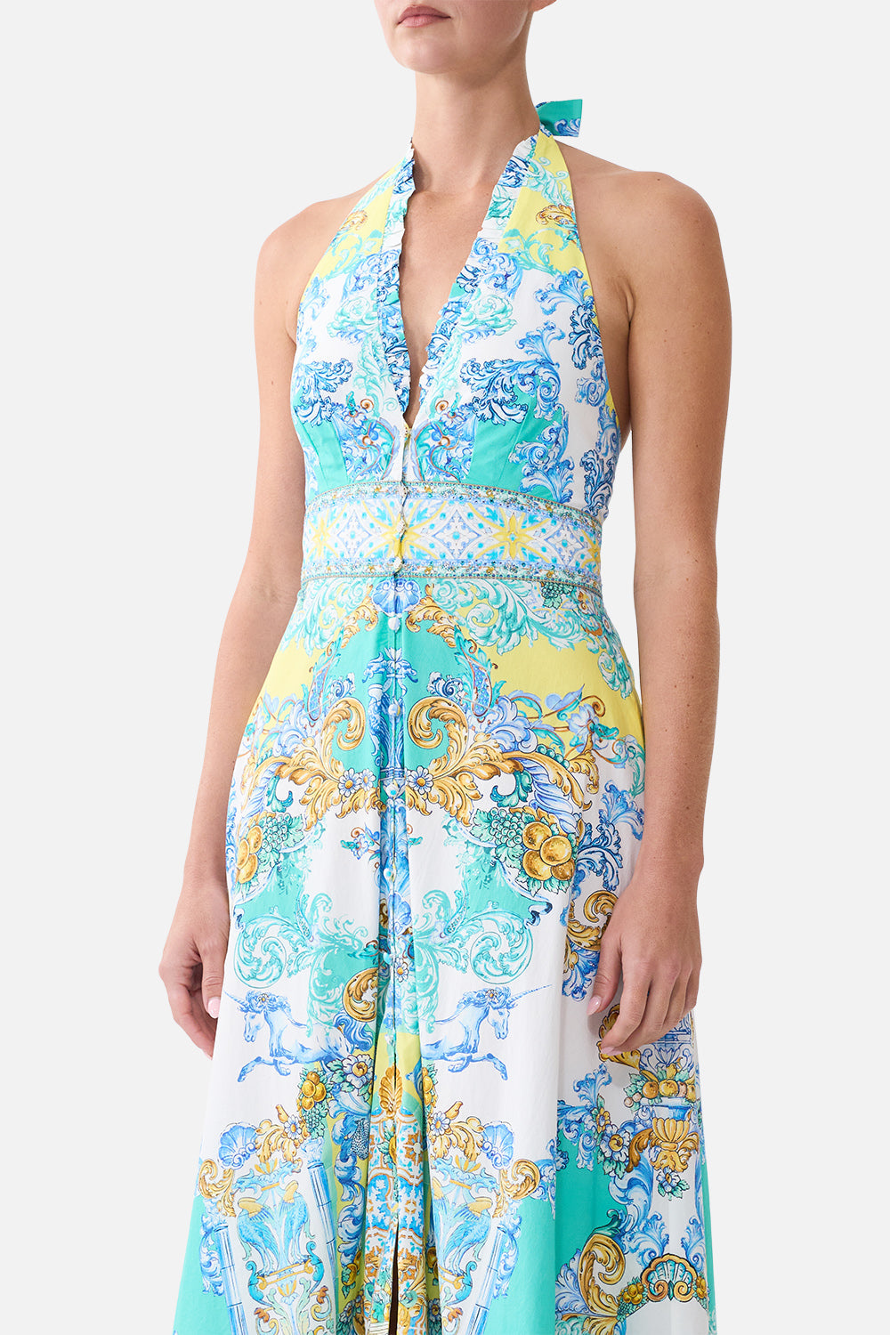 RUFFLE NECK HALTER DRESS DIAL UP THE TILES