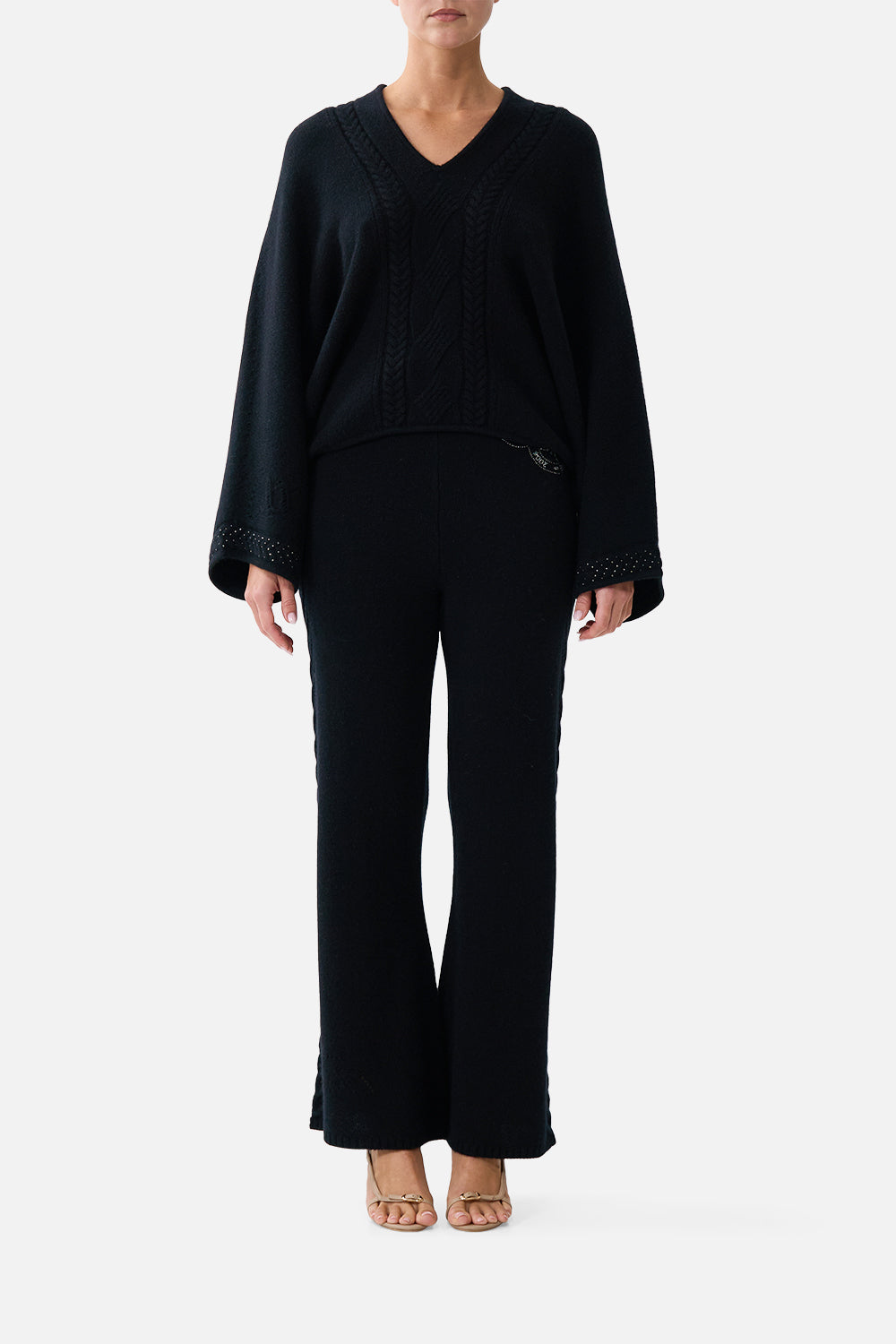 The CAMILLA Cashmere Knit Relaxed V Neck Sweater Night Garden in our Night Garden print.