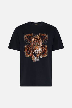 Front product view of Hotel Franks by CAMILLA mens  black graphic tee in Jungle Dreaming print