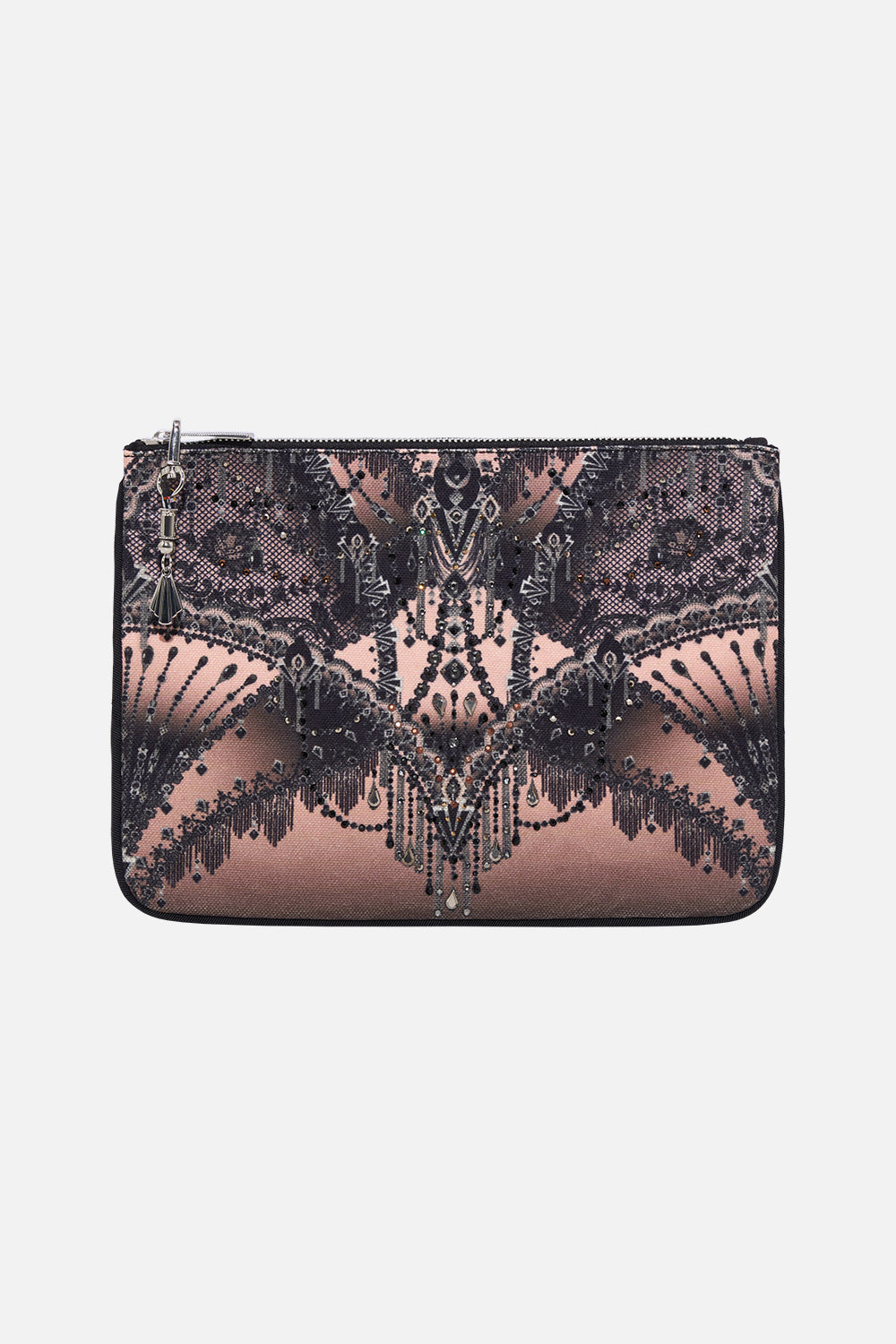 Product view of CAMILLA printed clutch bag in Curtain Call Chaos print
