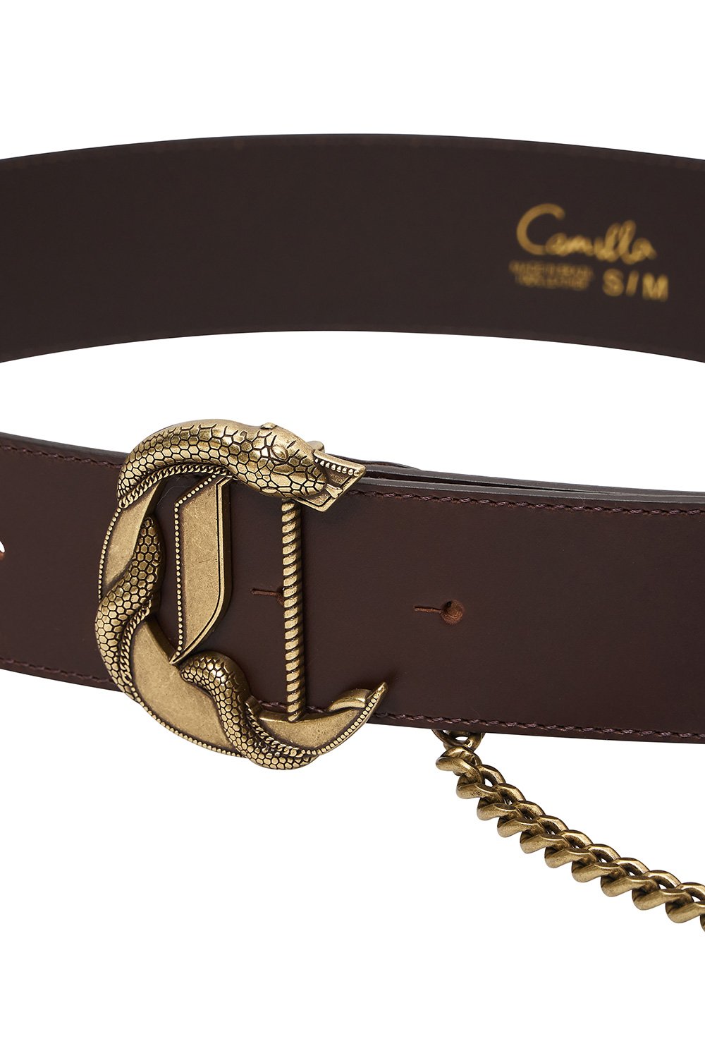 C BUCKLE LEATHER BELT WITH CHAIN SOLID BROWN