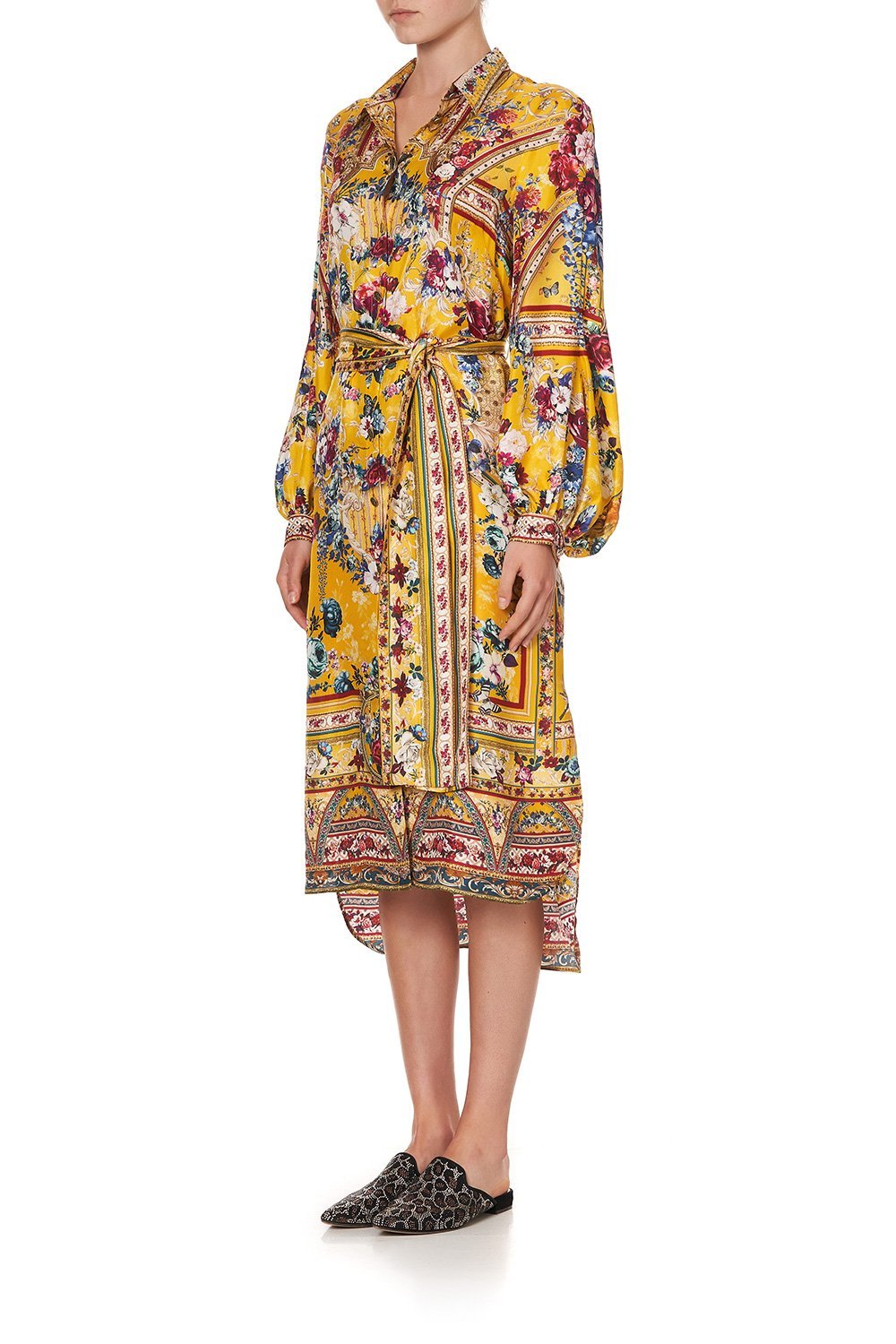 HIGH LOW MIDI SHIRT DRESS CROWNED ROSES