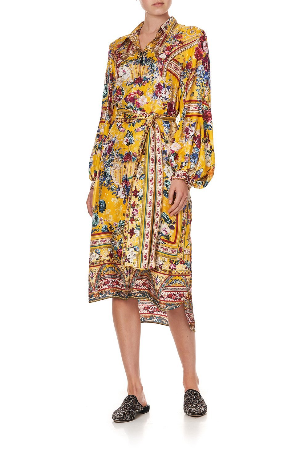 HIGH LOW MIDI SHIRT DRESS CROWNED ROSES