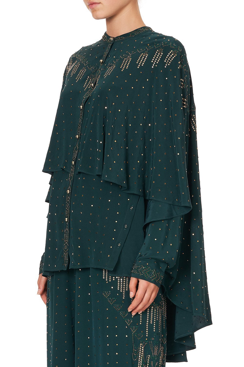 DRAPED BUTTON FRONT BLOUSE LUXE EMERALD