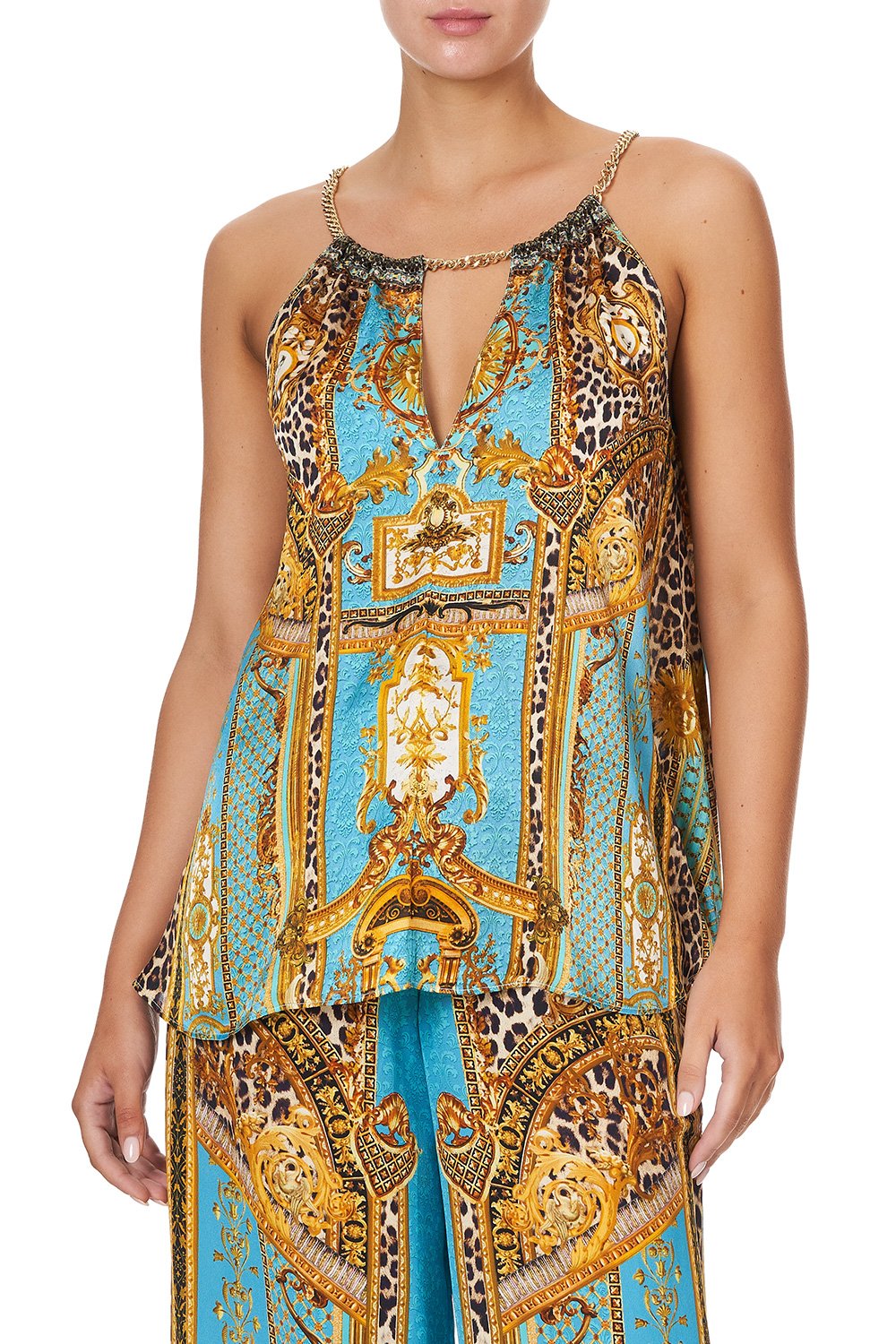 FLARED CAMI WITH NECK TIE DRIPPING IN DECADENCE