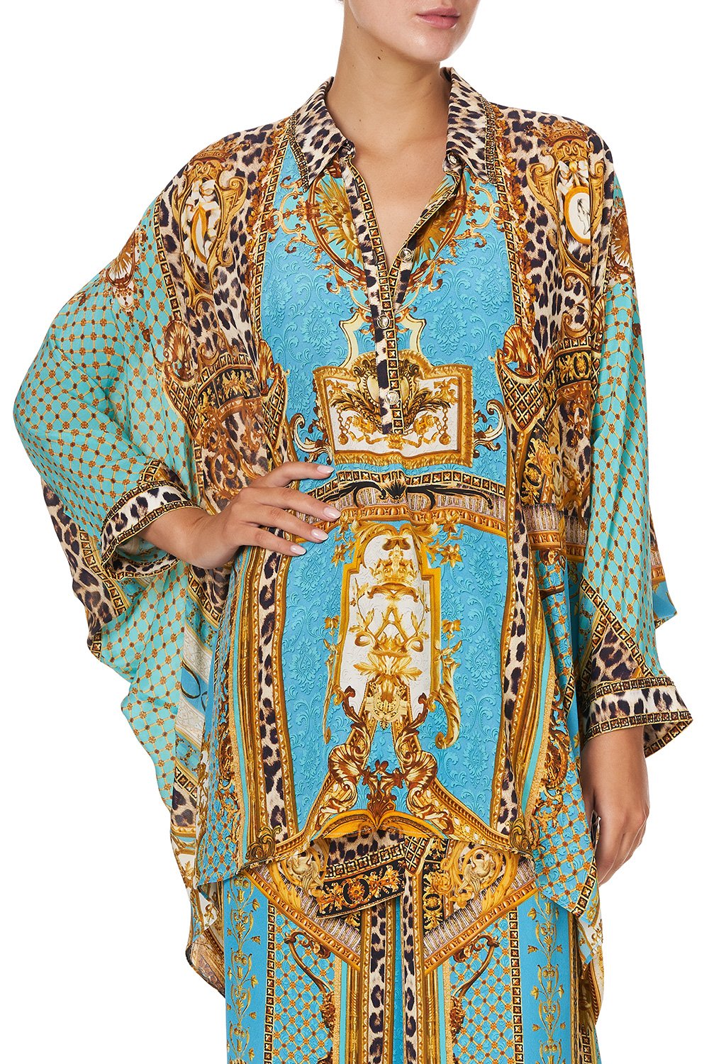 BUTTON UP TOP WITH DRAPED BACK DRIPPING IN DECADENCE