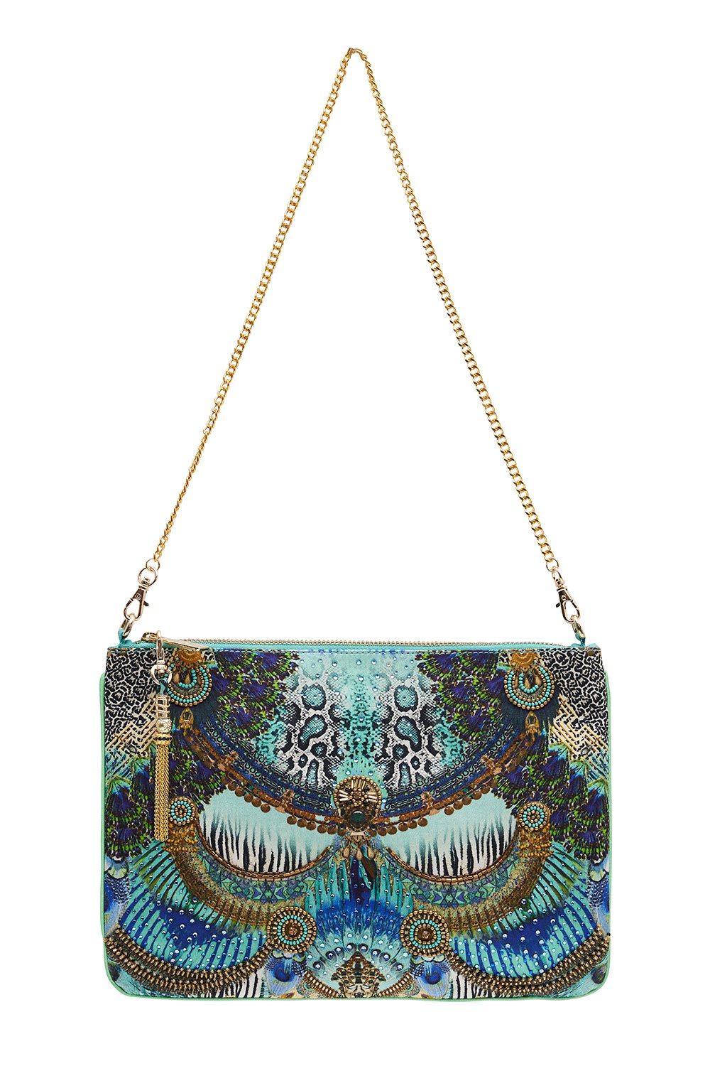 EMBELLISHED ZIP TOP CLUTCH WITH STRAP TEMPLE TEMPTRESS