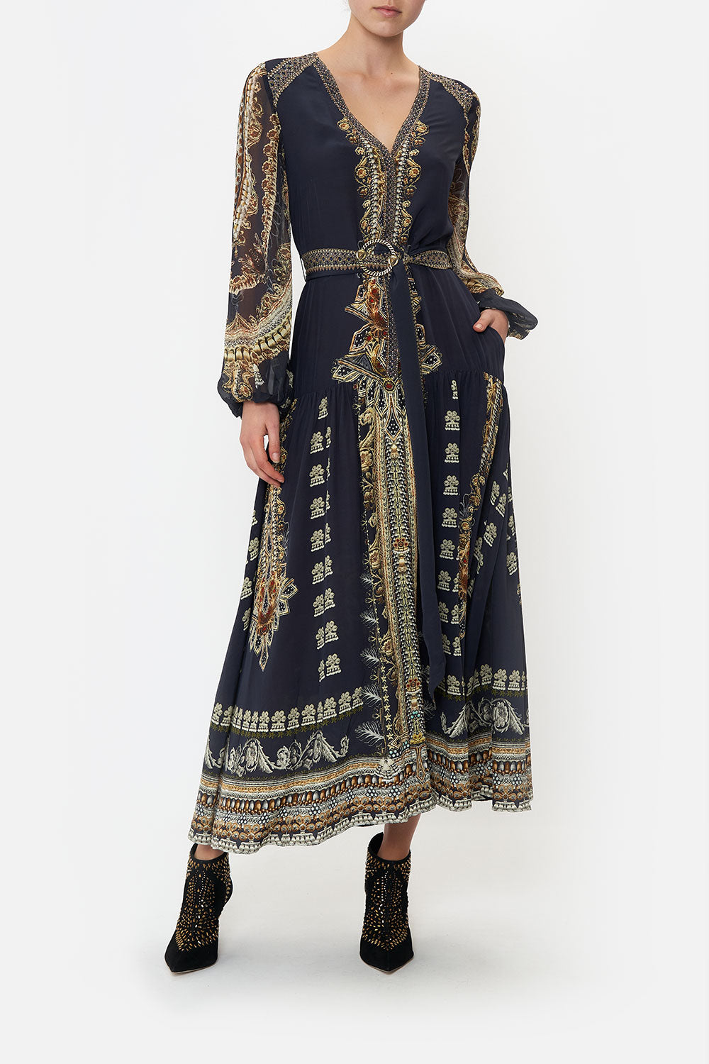 V NECK DRESS WITH BELT ITS ALL OVER TORERO