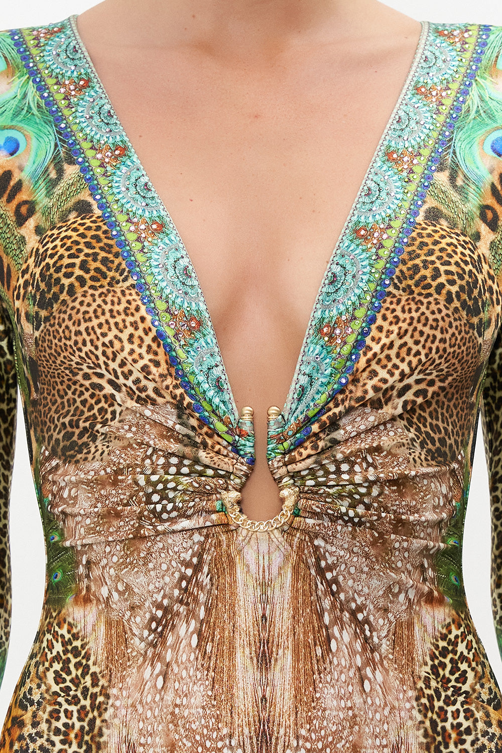 PLUNGE FRONT CATSUIT WITH RING SURREALIST XANADU