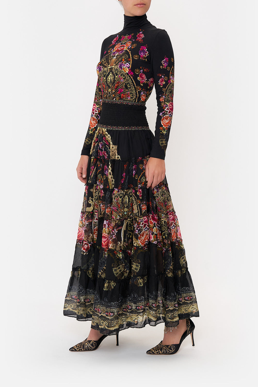 SHIRRED WAIST TIERED CIRCLE SKIRT DANCE WITH DUENDE