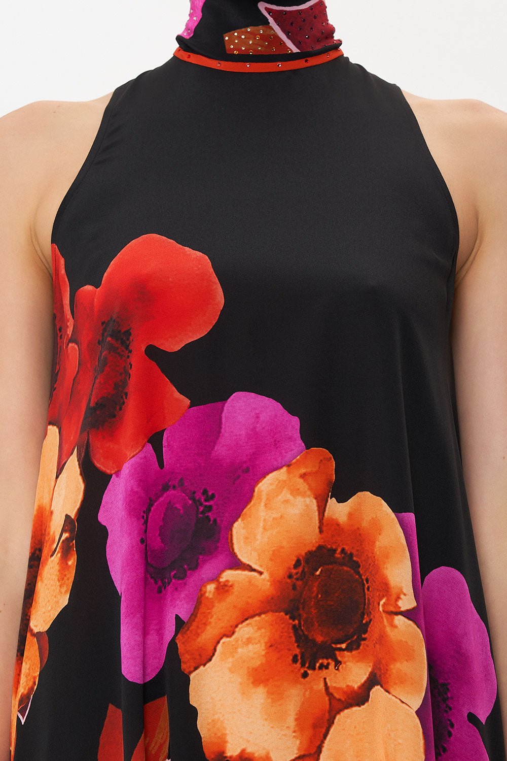 HIGH NECK DRESS WITH BACK NECK TIE MIDNIGHT POPPY